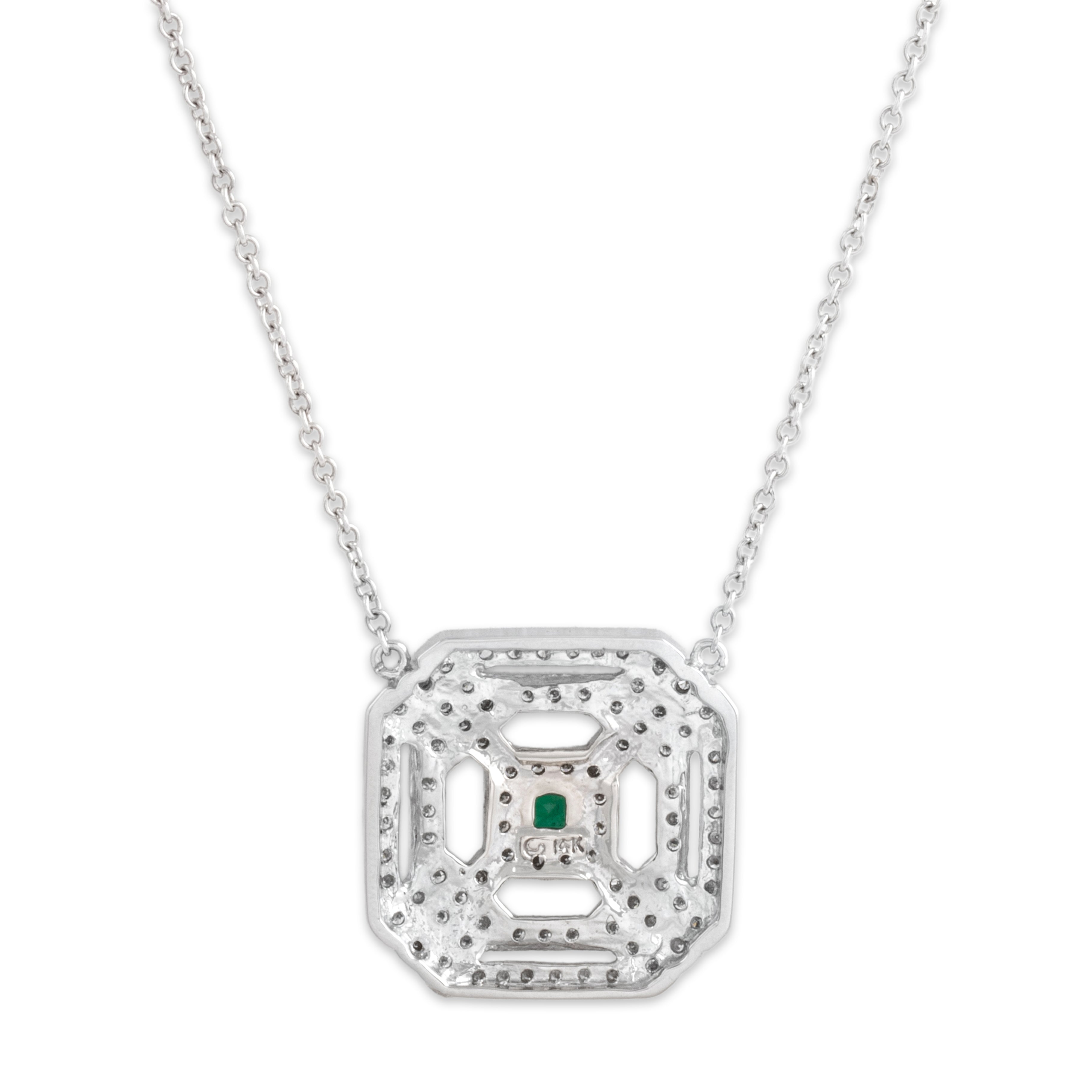 Vintage Italian 14k White Gold .67cttw Diamond Emerald Fantastic Geometric Openwork Necklace - Back view