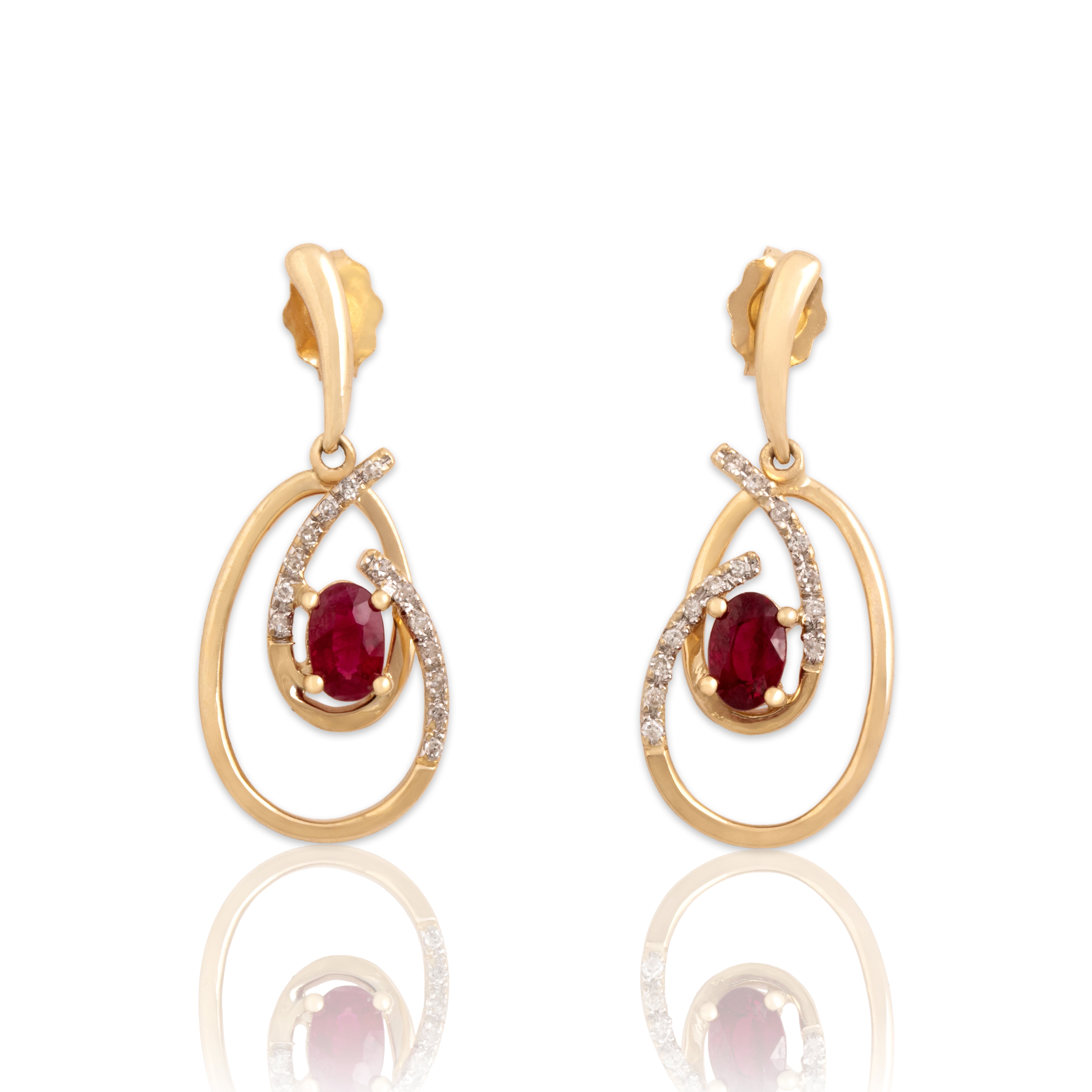 Vintage 14k Yellow Gold .57cttw Ruby Diamond Glittering Twirl Dangle Earrings - Close-up view