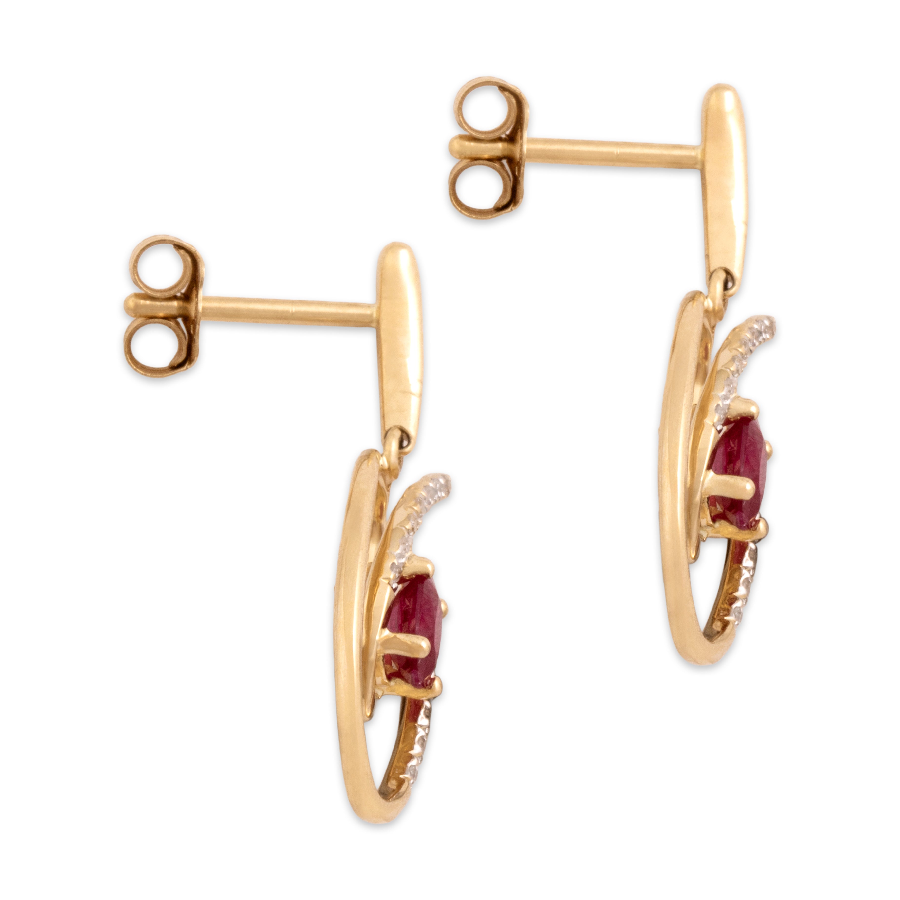 Vintage 14k Yellow Gold .57cttw Ruby Diamond Glittering Twirl Dangle Earrings - Side view