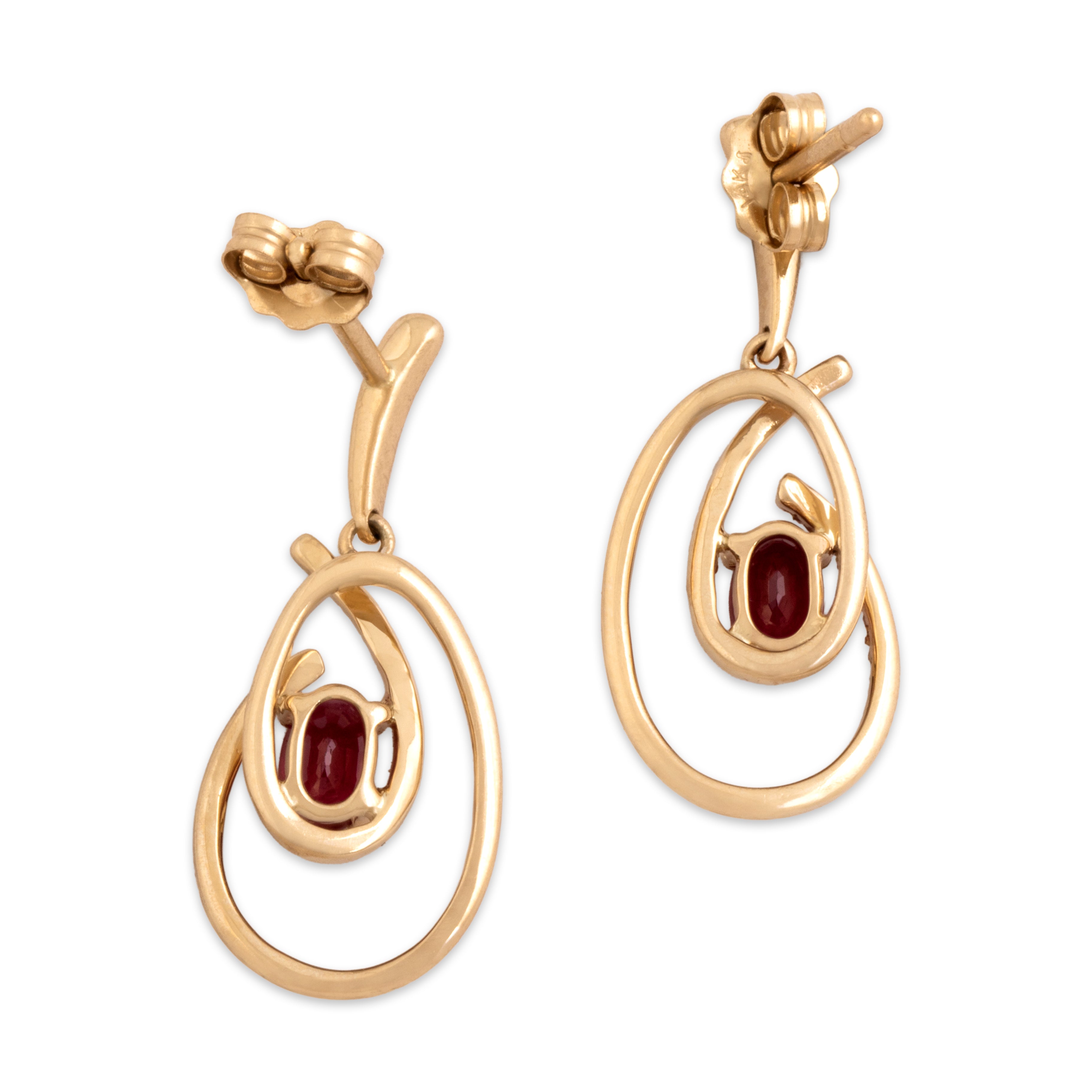 Vintage 14k Yellow Gold .57cttw Ruby Diamond Glittering Twirl Dangle Earrings - Back view