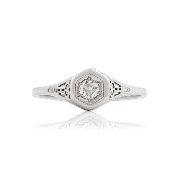 Vintage 18k White Gold .16ct Diamond Tall Architectural Solitaire Ring 7.50