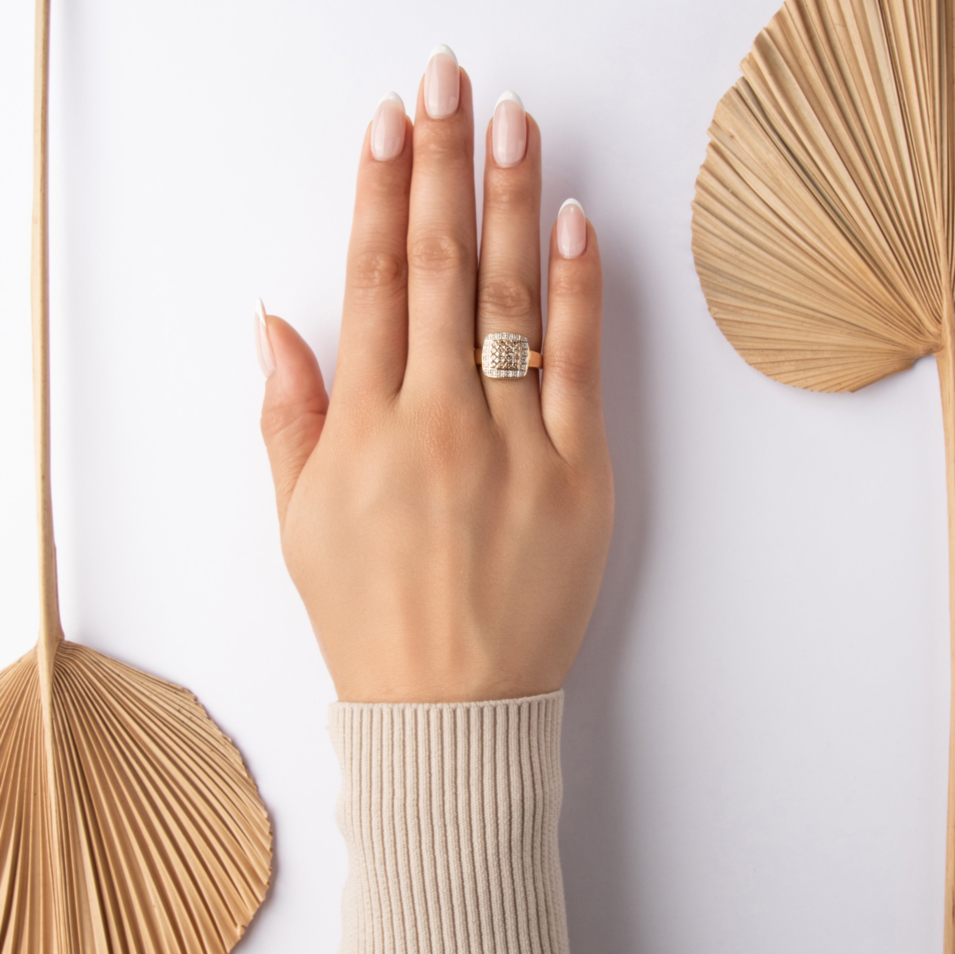 Vintage 14k Yellow Gold Chocolate Diamond White Diamond Bold Geometric Halo Ring - On model view