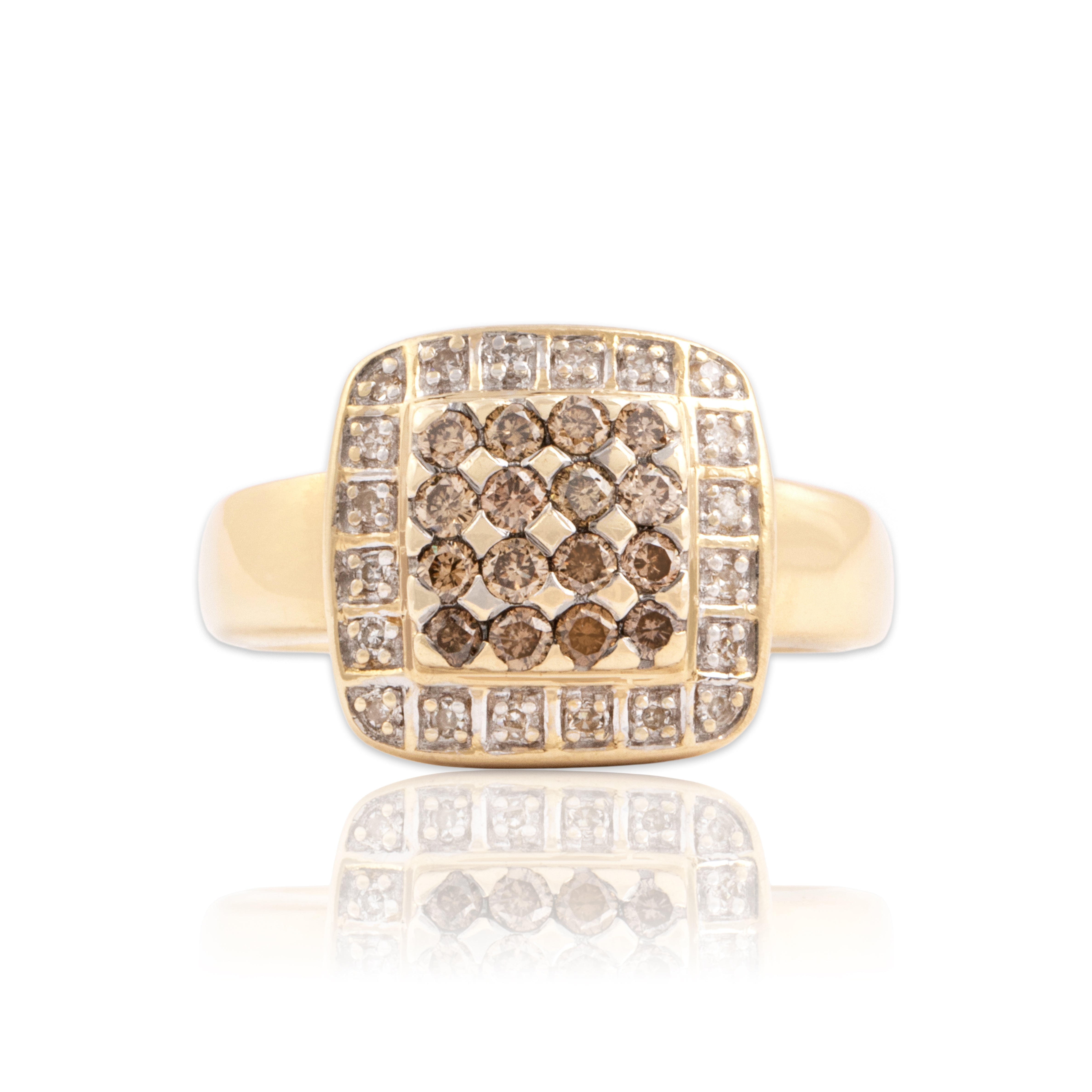 Vintage 14k Yellow Gold Chocolate Diamond White Diamond Bold Geometric Halo Ring - Close-up view