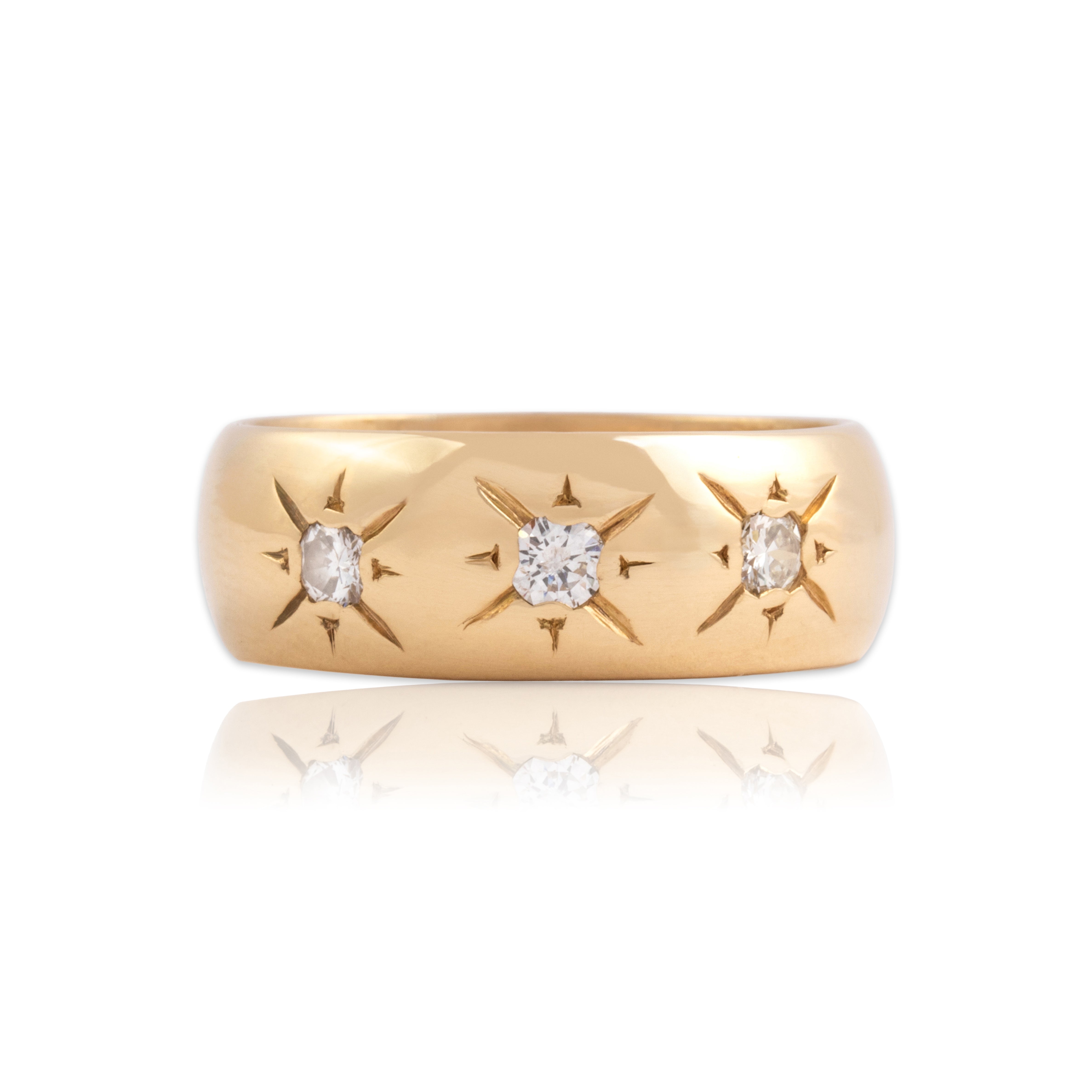 Vintage Substantial 14k Yellow Gold Diamond Sparkling Star-Set Wide Band Ring 9.25