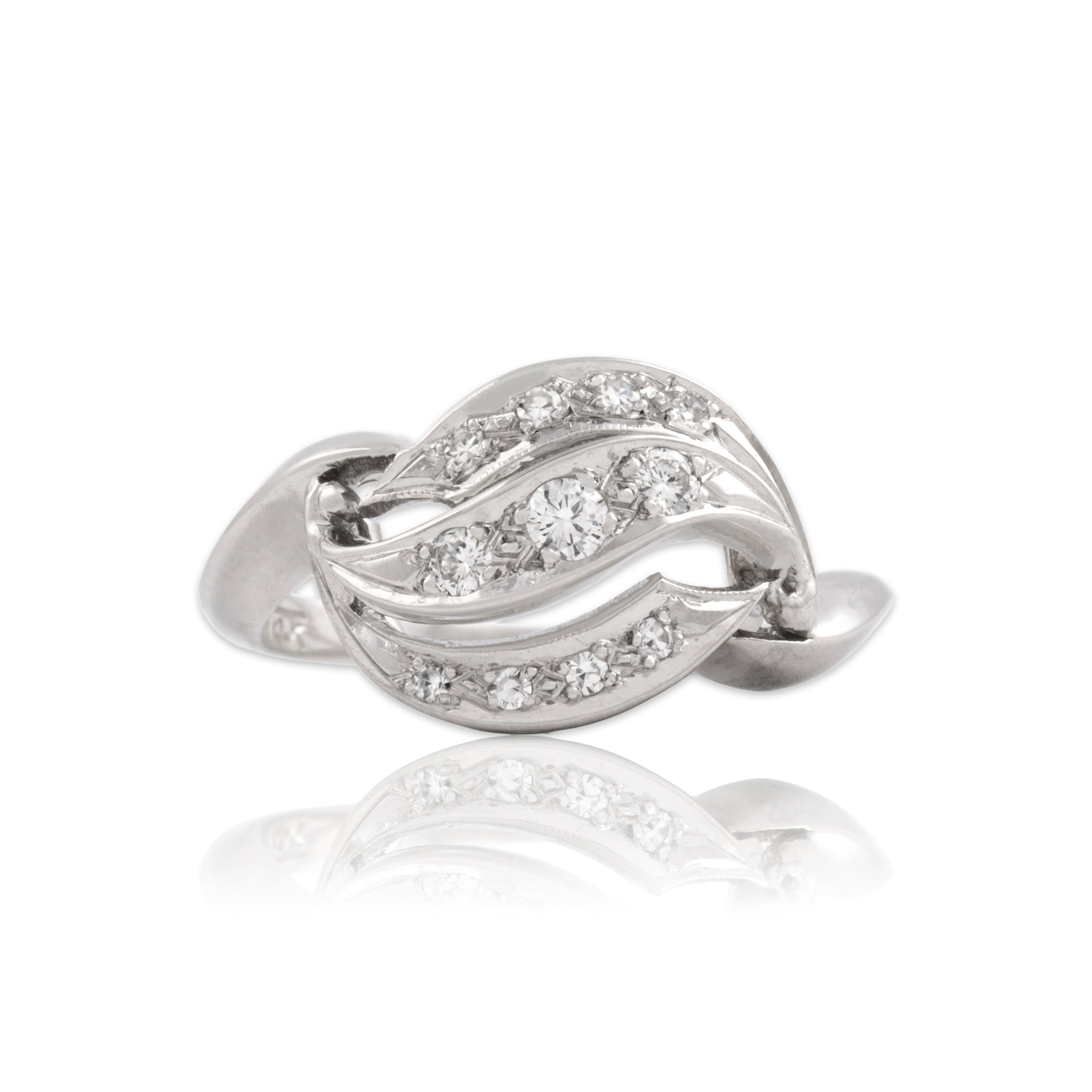 Vintage 14k White Gold Diamond Fabulous Bypass Triple Wave Ring - Close-up view