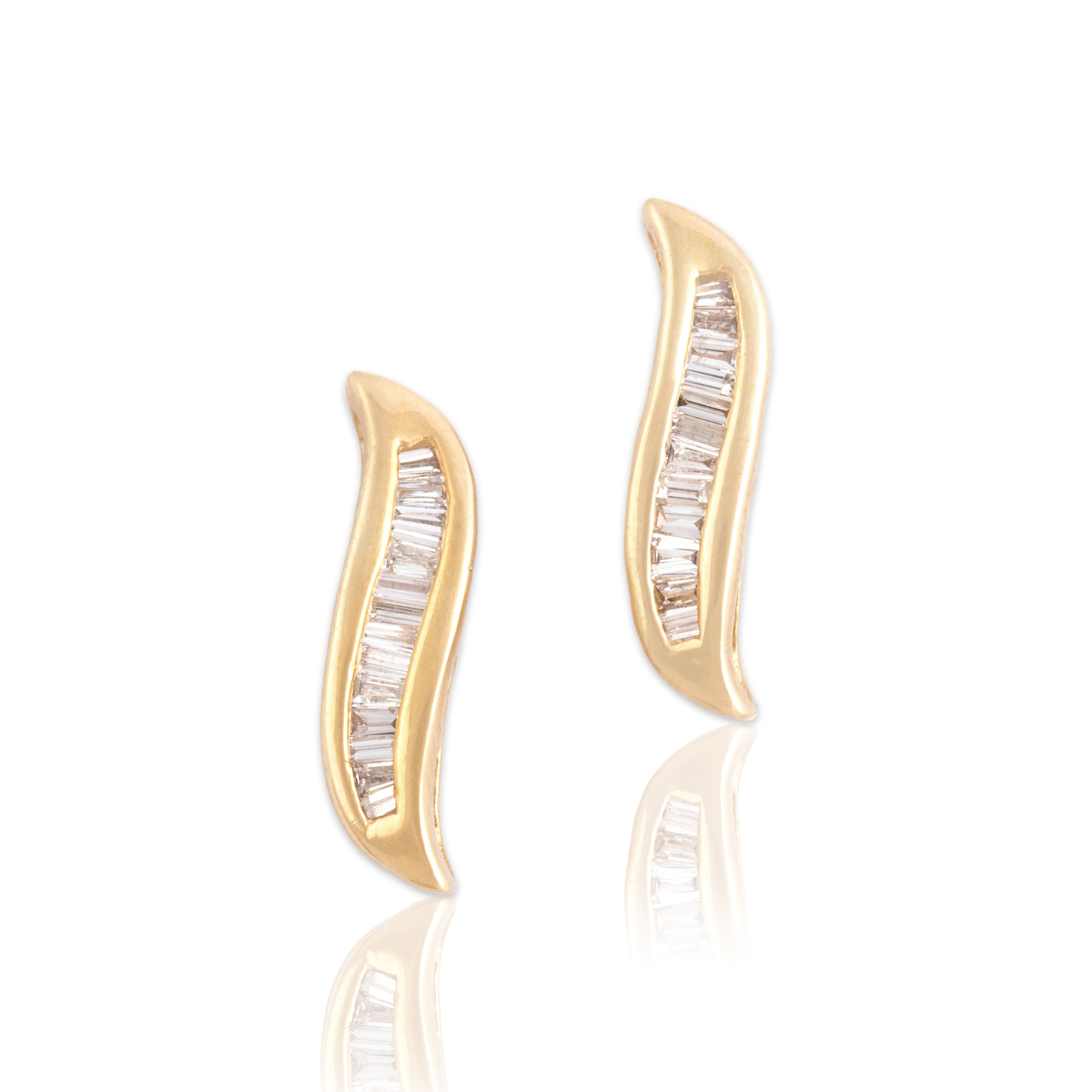 Vintage 14k Yellow Gold Diamond Elegant Channel Wave Stud Earrings - Close-up view