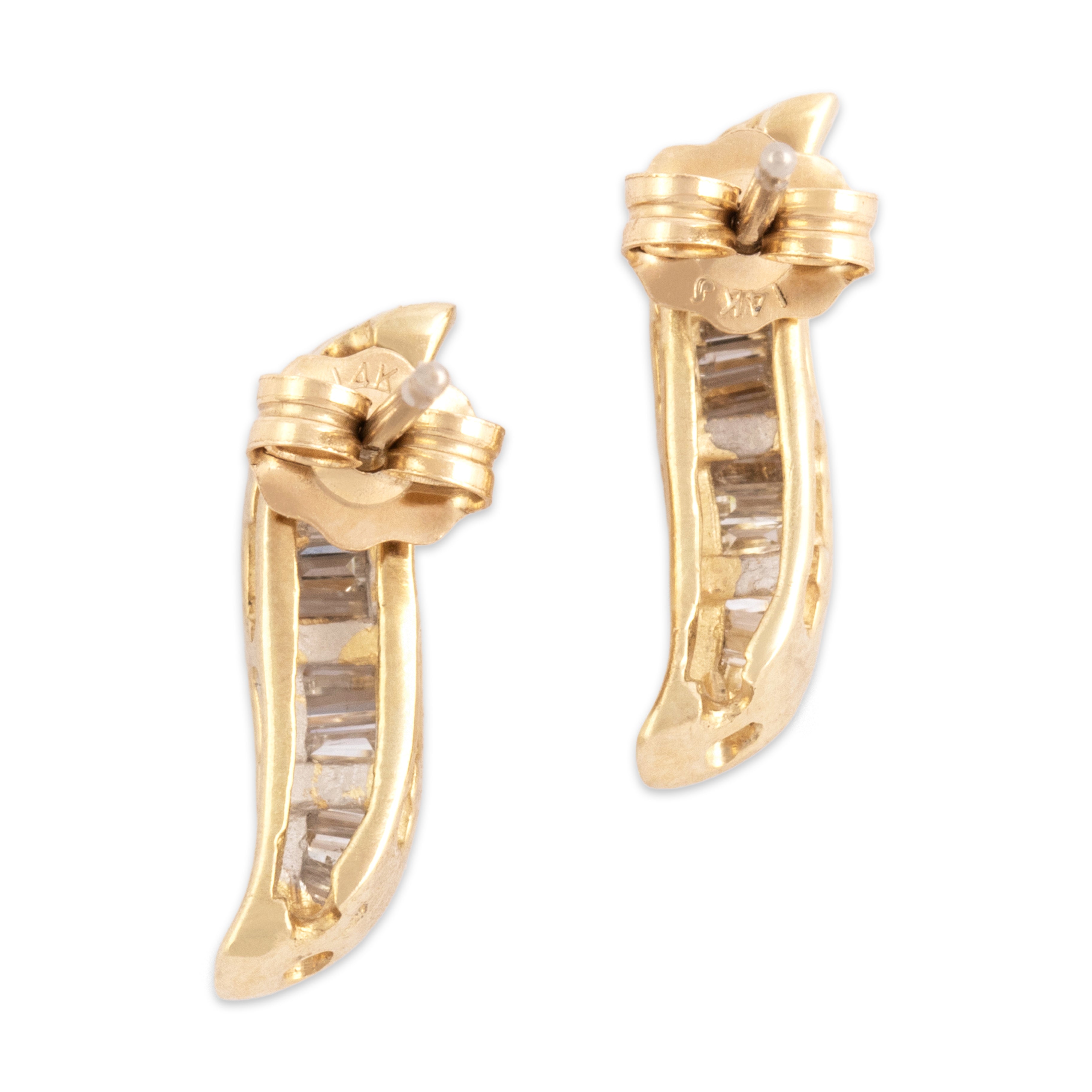 Vintage 14k Yellow Gold Diamond Elegant Channel Wave Stud Earrings - Back view