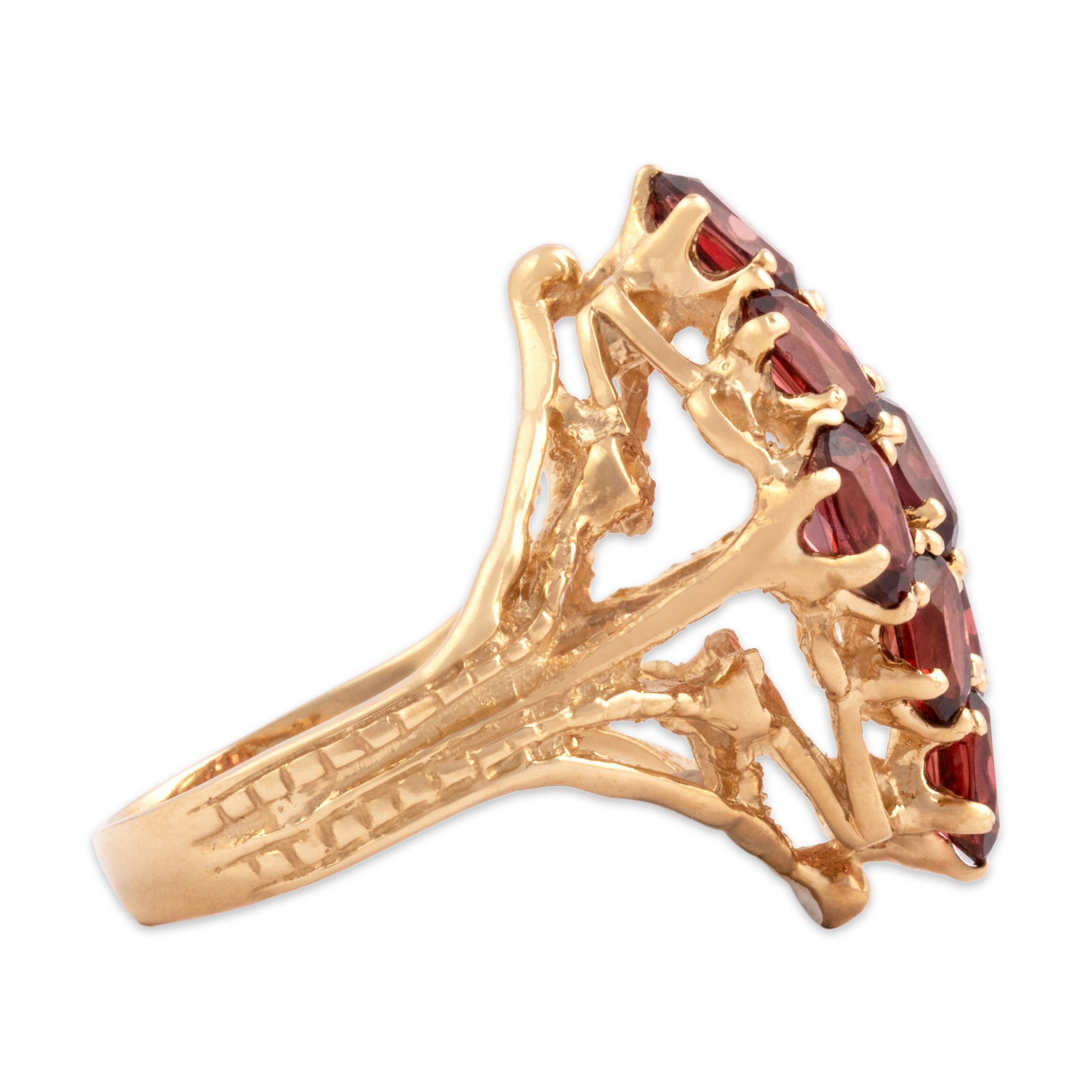 Vintage 14k Yellow Gold 4.14cttw Garnet Brutalist Kite Cluster Ring - Side view
