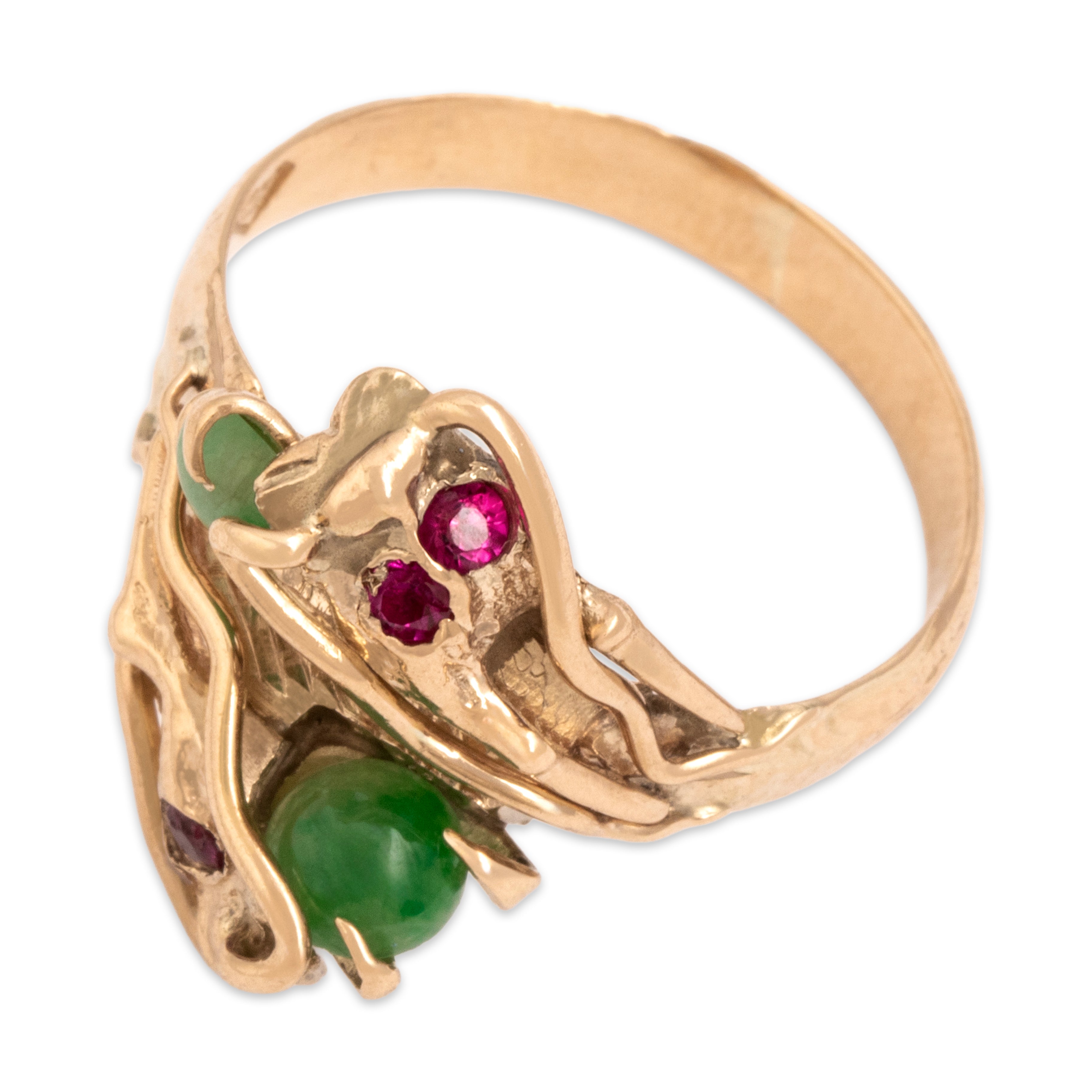 Vintage 14k Yellow Gold .72cttw Natural Jade Synthetic Ruby Natural Ruby Fabulous Figural Twin Dragon Ring - Overall view