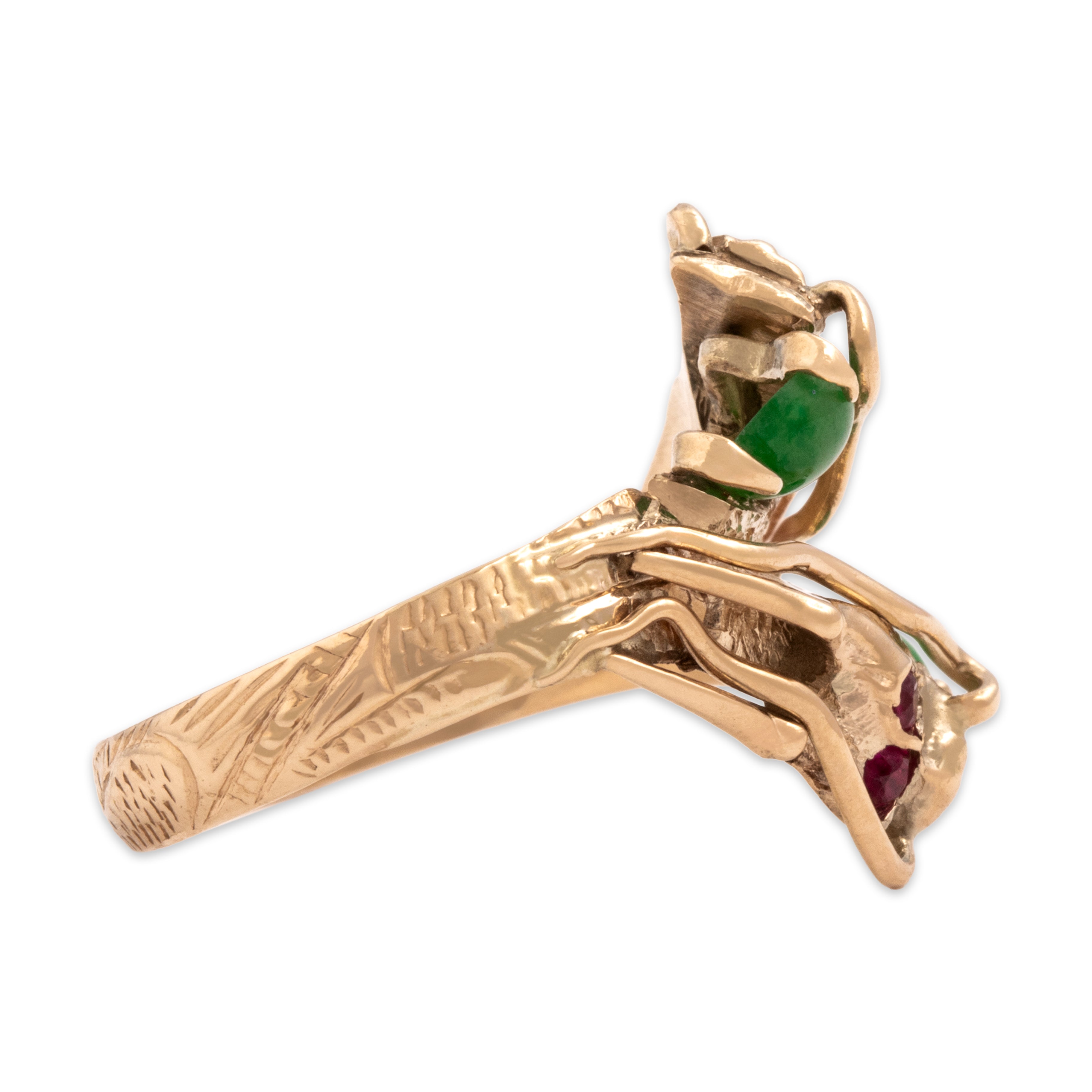 Vintage 14k Yellow Gold .72cttw Natural Jade Synthetic Ruby Natural Ruby Fabulous Figural Twin Dragon Ring - Side view
