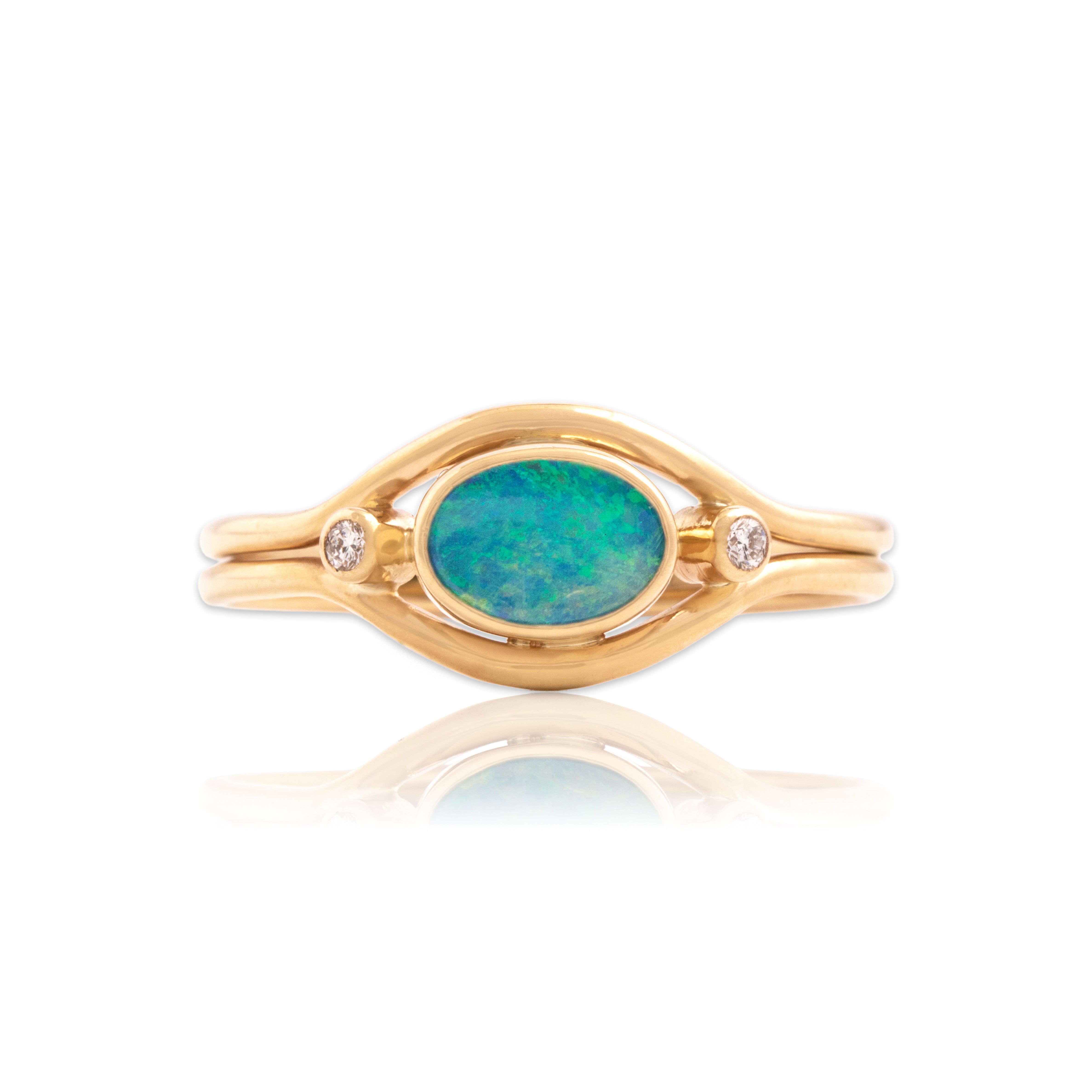 Vintage 14k Yellow Gold Diamond Blue Opal Doublet Sleek Bezel Ring 8.50