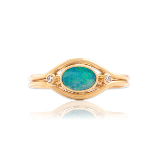 Vintage 14k Yellow Gold Diamond Blue Opal Doublet Sleek Bezel Ring 8.50
