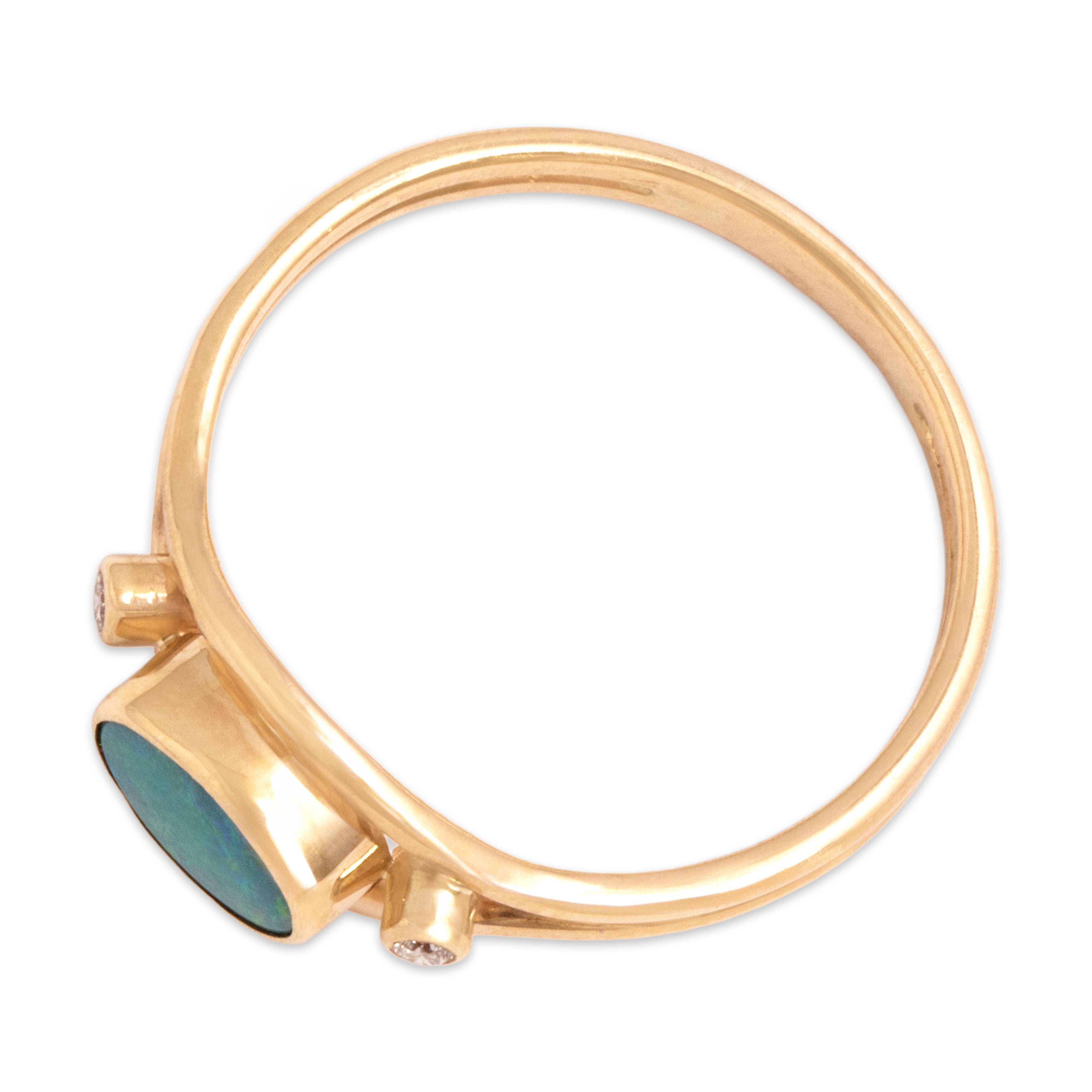 Vintage 14k Yellow Gold Diamond Blue Opal Doublet Sleek Oblong Bezel Ring - Overall view