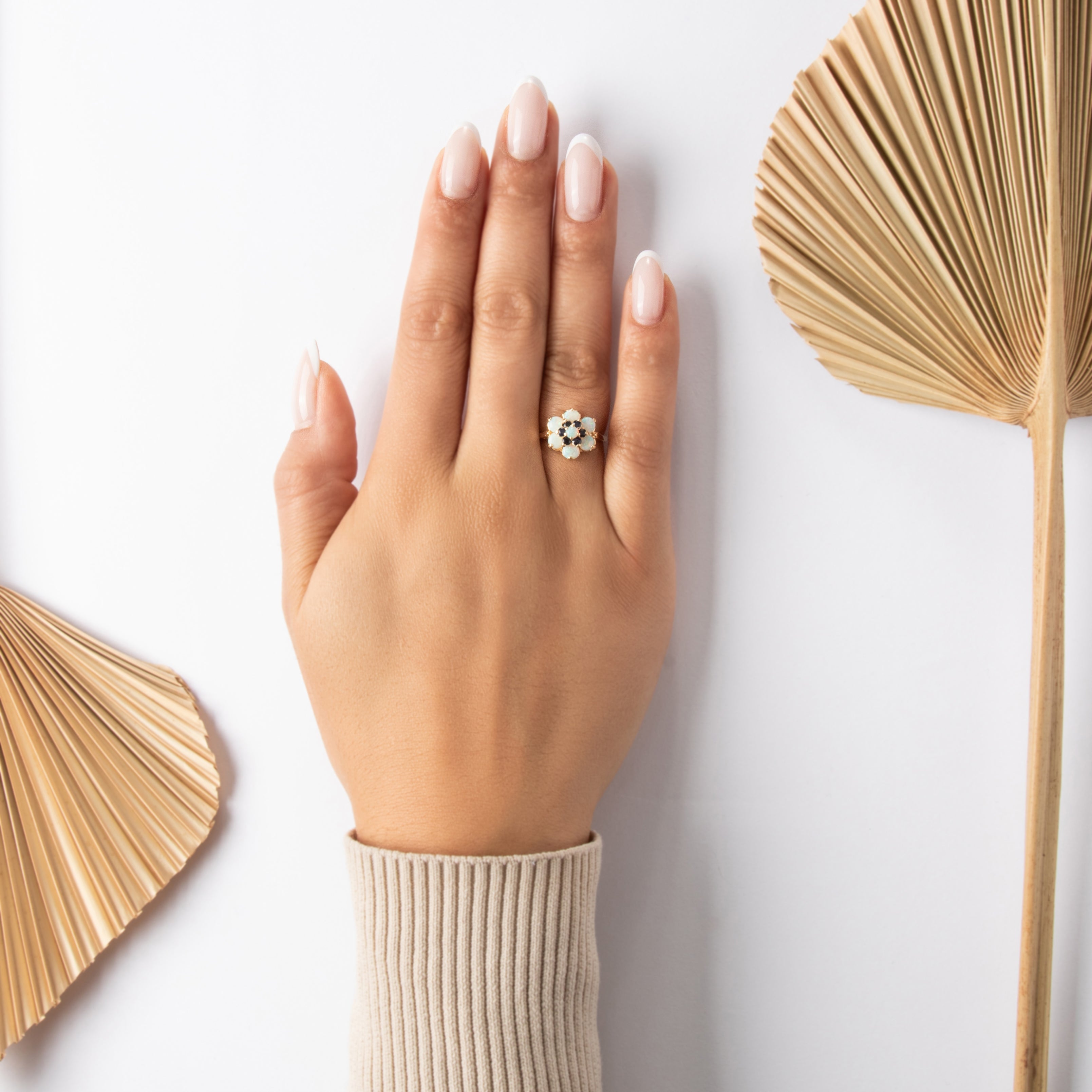 Vintage 14k Yellow Gold .9cttw Opal Blue Sapphire Iridescent Stacked Flower Halo Ring - On model view