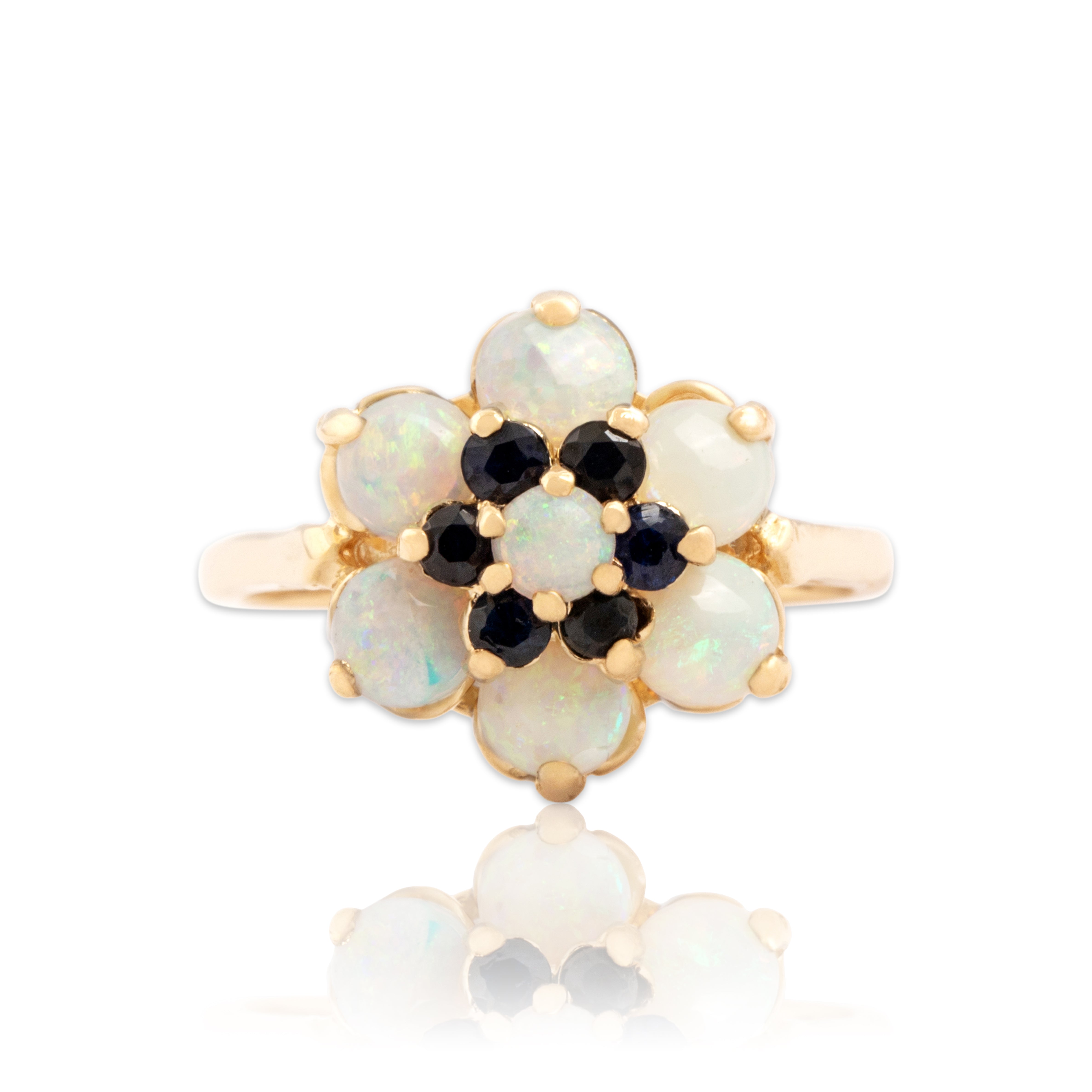 Vintage 14k Yellow Gold .9cttw Opal Blue Sapphire Iridescent Stacked Flower Halo Ring - Close-up view