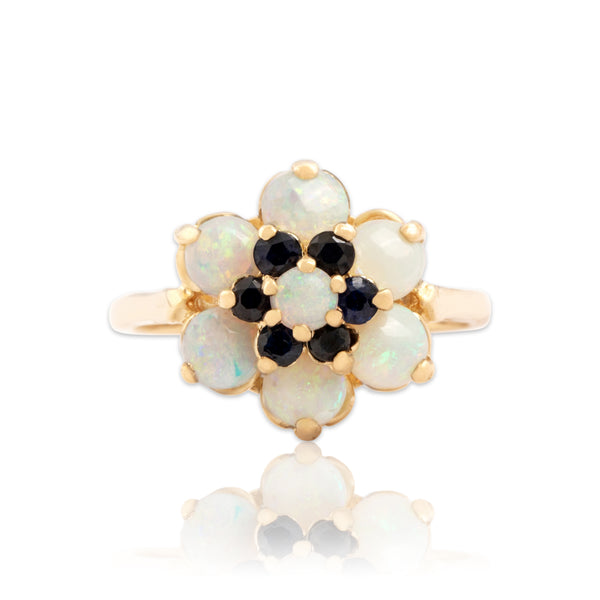 Vintage 14k Yellow Gold .9cttw Opal Blue Sapphire Flower Halo Ring 6.00