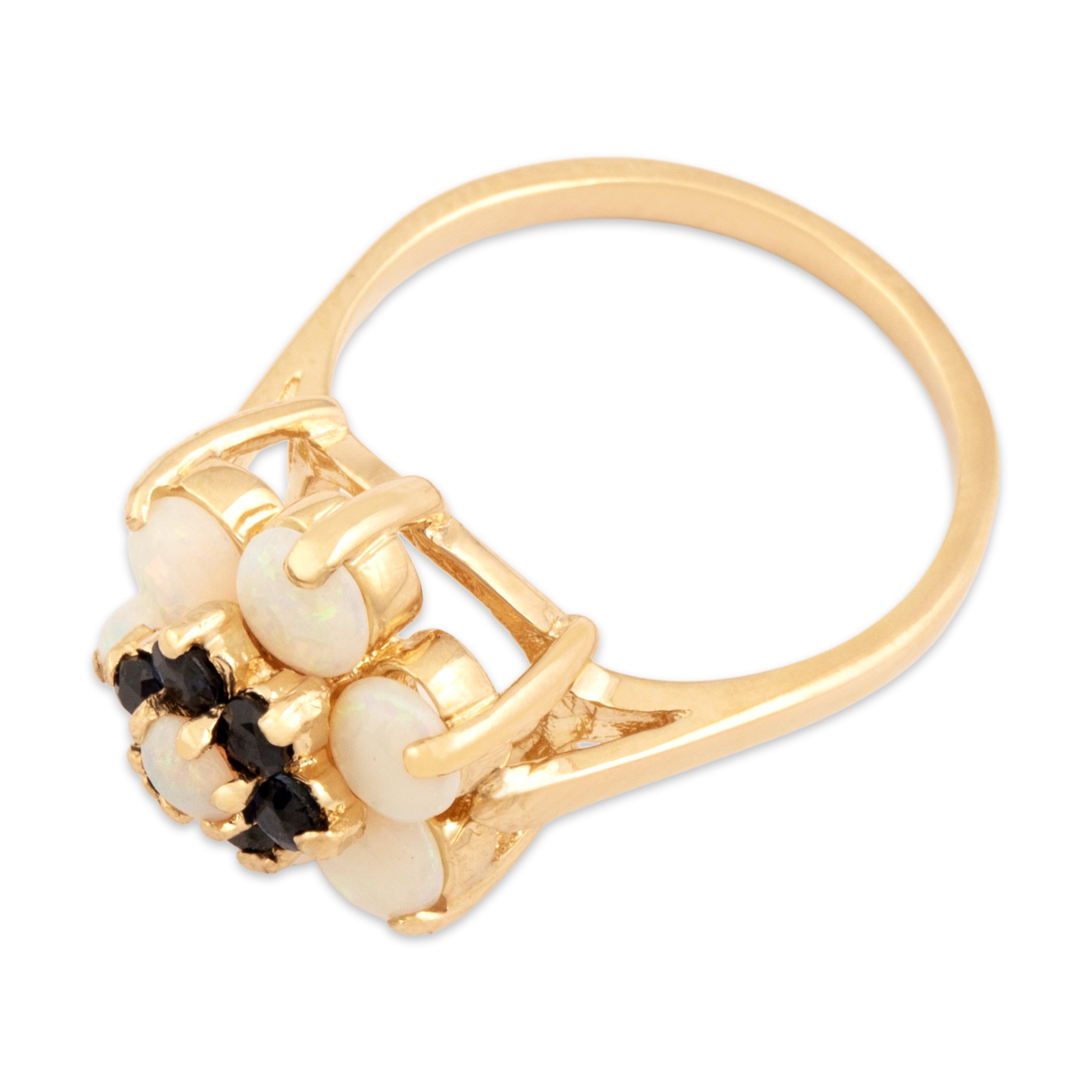 Vintage 14k Yellow Gold .9cttw Opal Blue Sapphire Iridescent Stacked Flower Halo Ring - Overall view