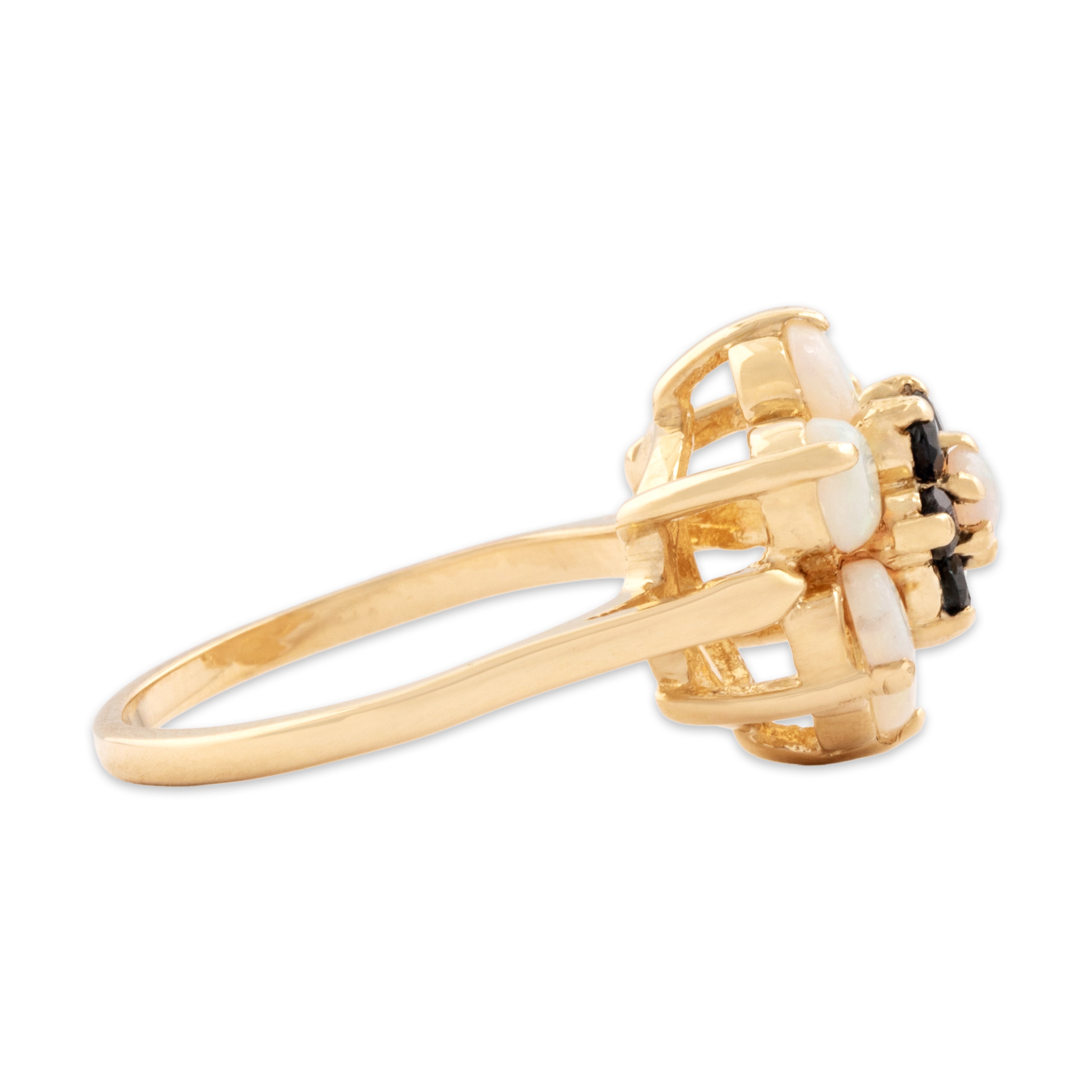 Vintage 14k Yellow Gold .9cttw Opal Blue Sapphire Iridescent Stacked Flower Halo Ring - Side view