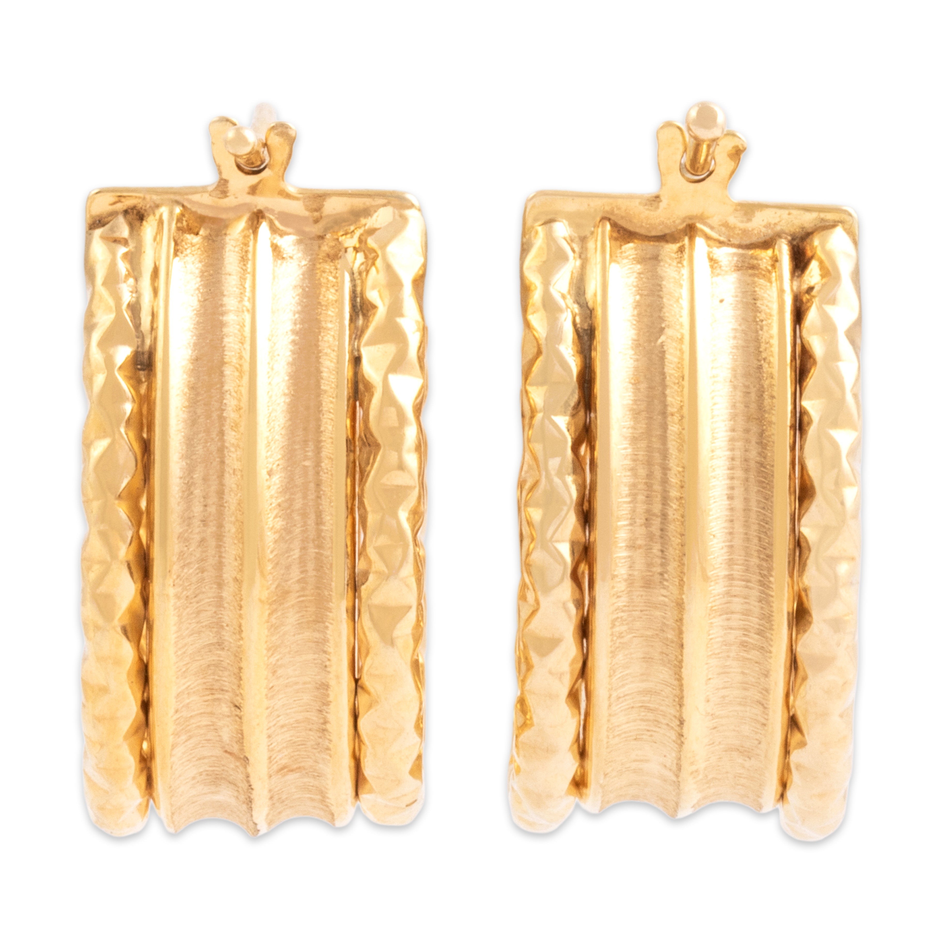 Vintage 14k Yellow Gold Funky Textured Brushed Oval Hoop Earrings - Overall view