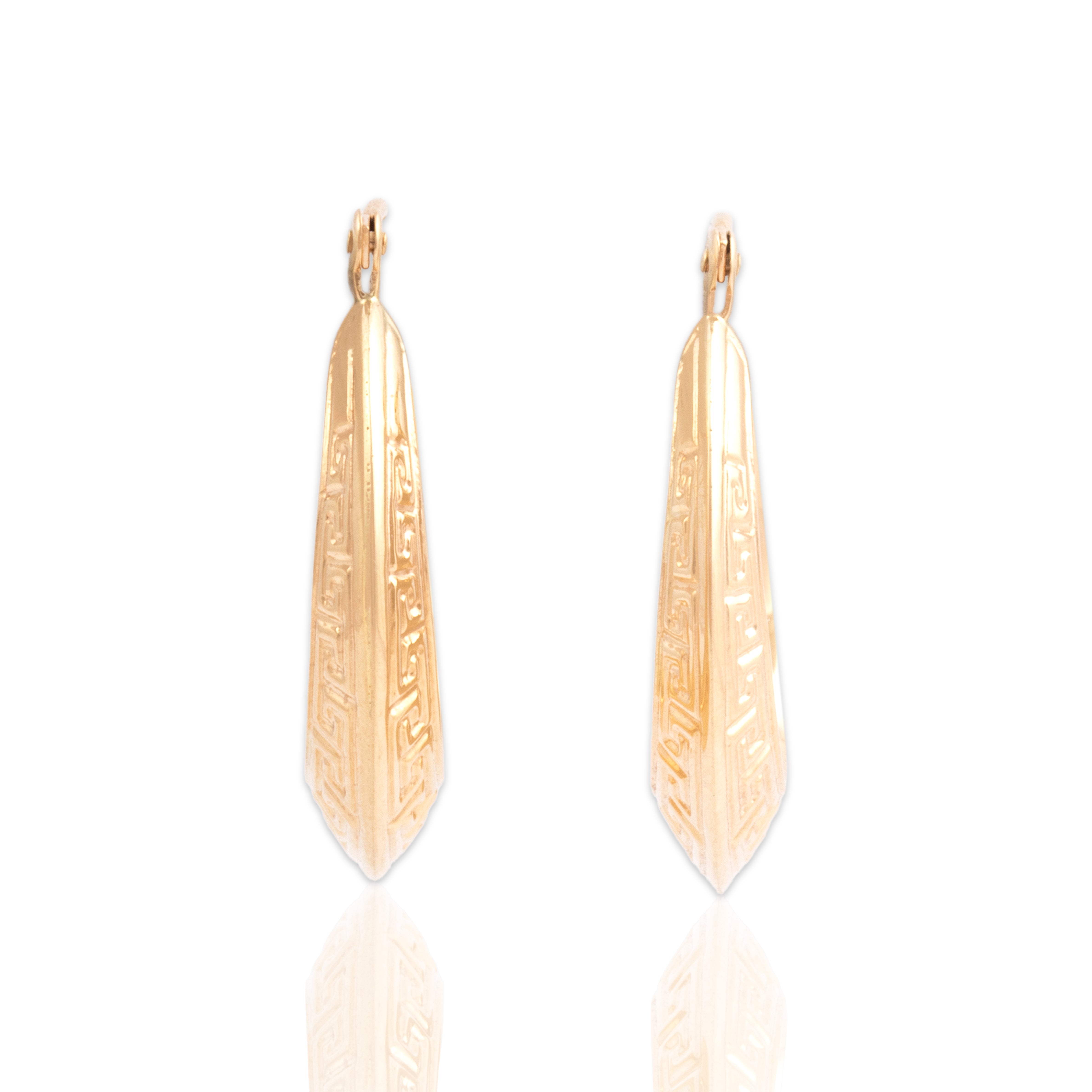Vintage 14k Yellow Gold Chic Greek Key Motif Hoop Earrings - Close-up view