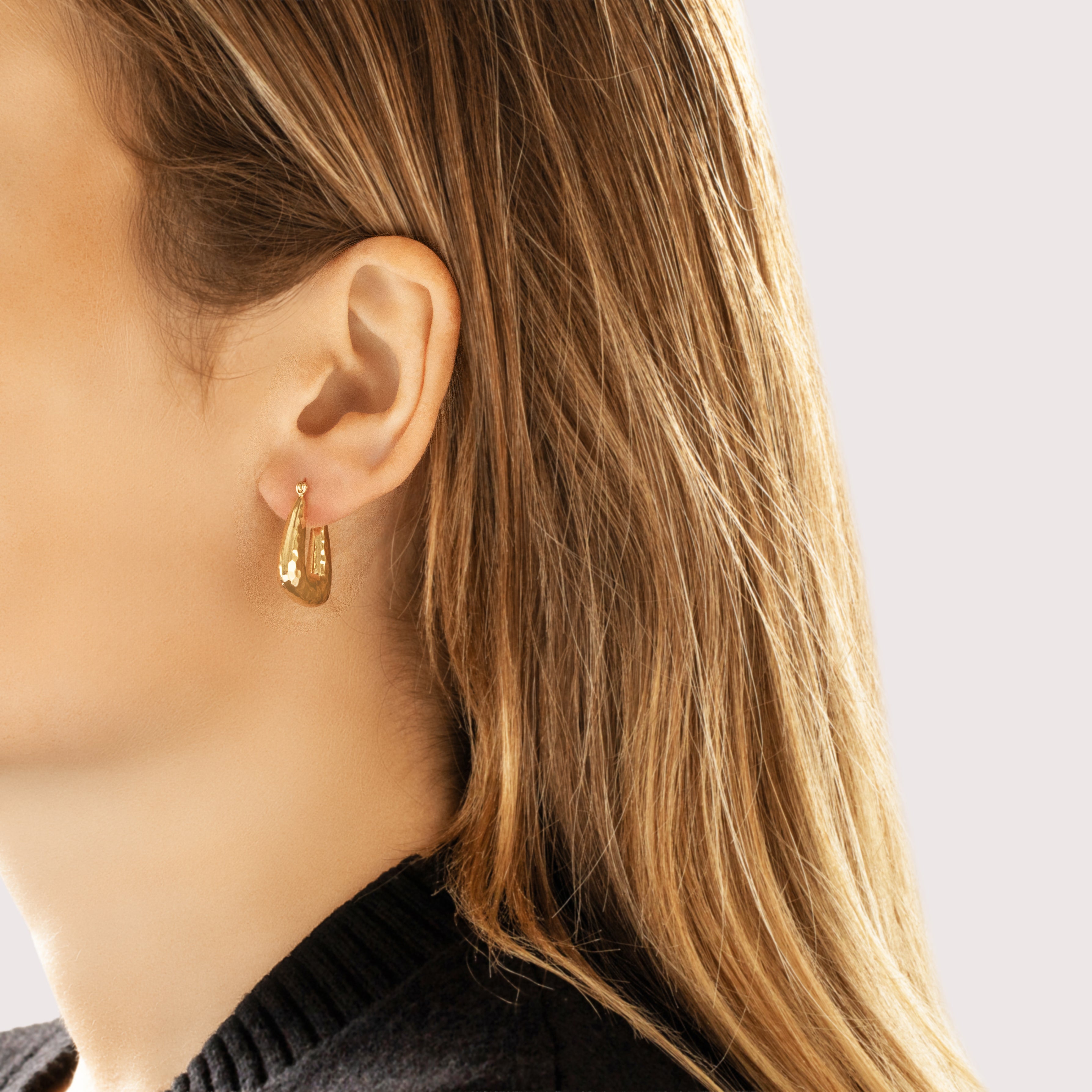 Vintage 14k Yellow Gold Chic Hammered Geometric Hoop Earrings - On model view