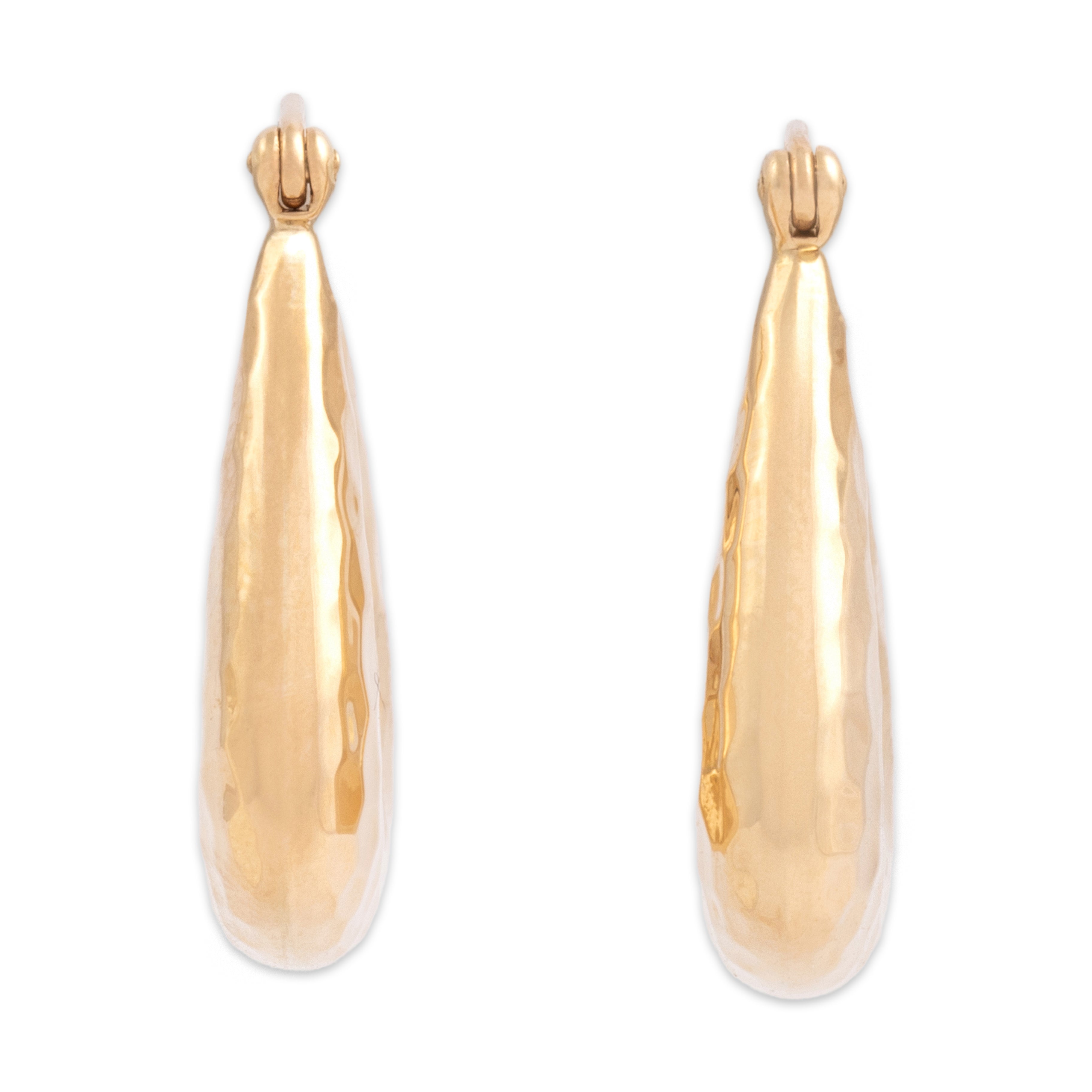 Vintage 14k Yellow Gold Chic Hammered Geometric Hoop Earrings - Close-up view