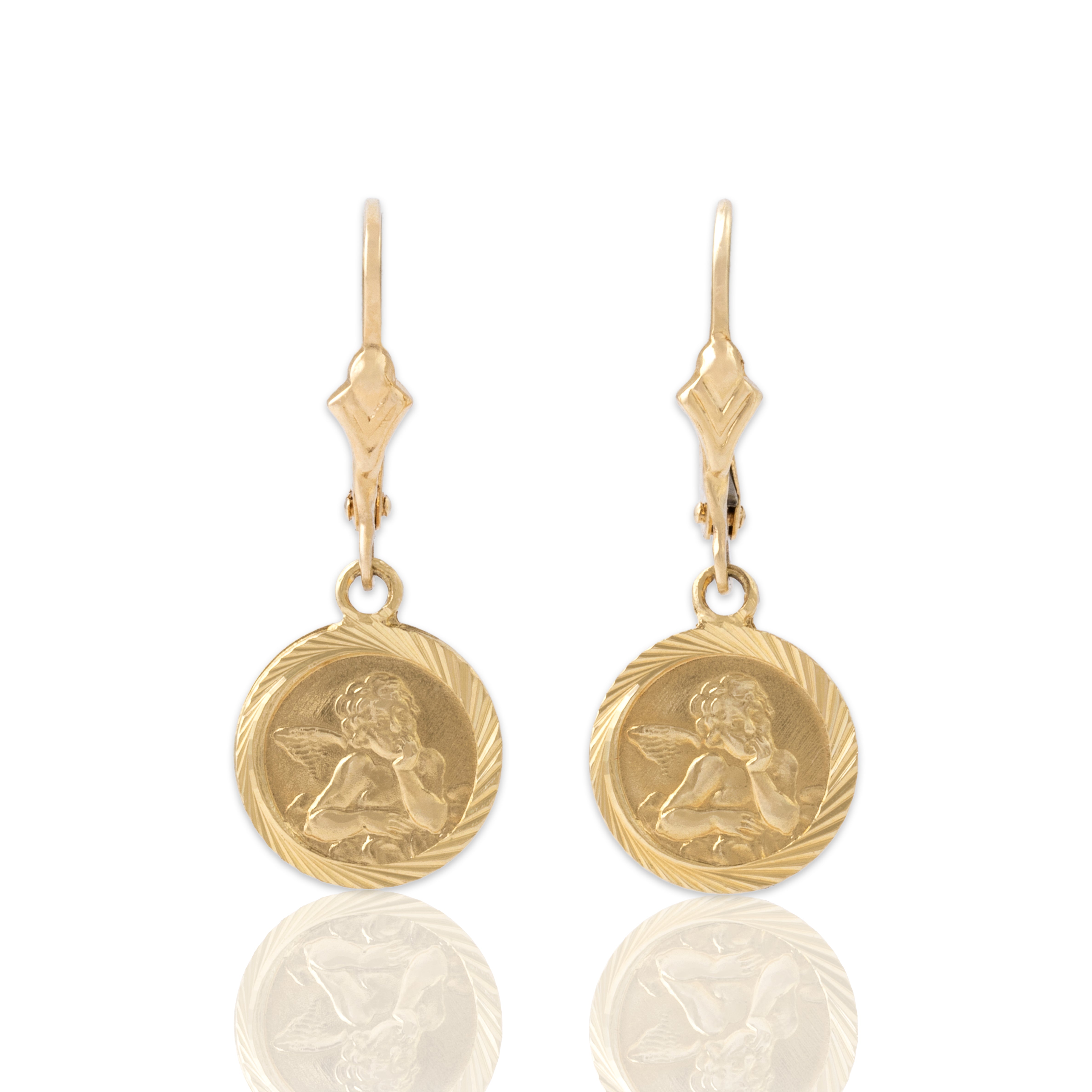 Vintage 14k Yellow Gold Sweet Guardian Angel Medallion Dangle Earrings - Close-up view