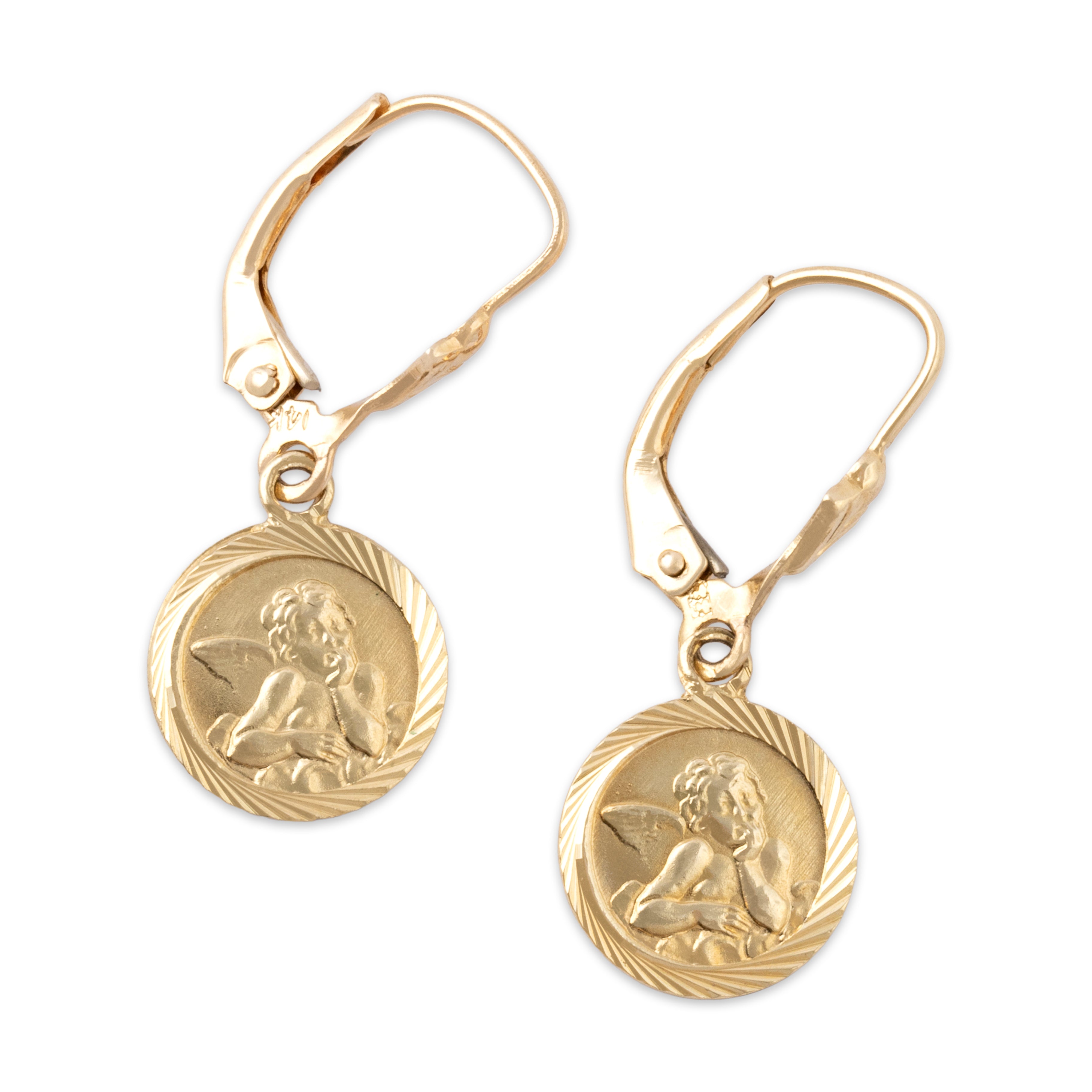 Vintage 14k Yellow Gold Sweet Guardian Angel Medallion Dangle Earrings - Overall view