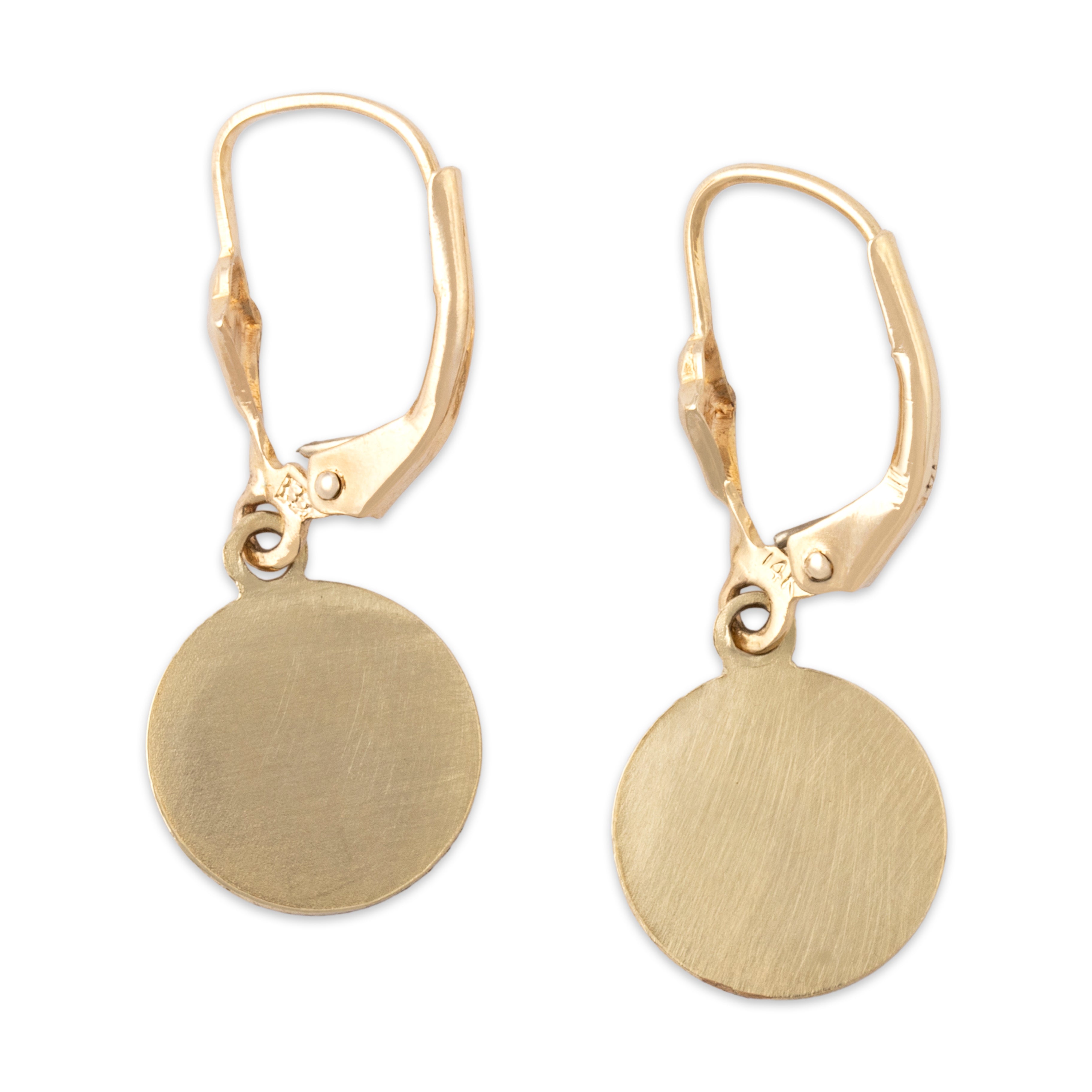 Vintage 14k Yellow Gold Sweet Guardian Angel Medallion Dangle Earrings - Back view