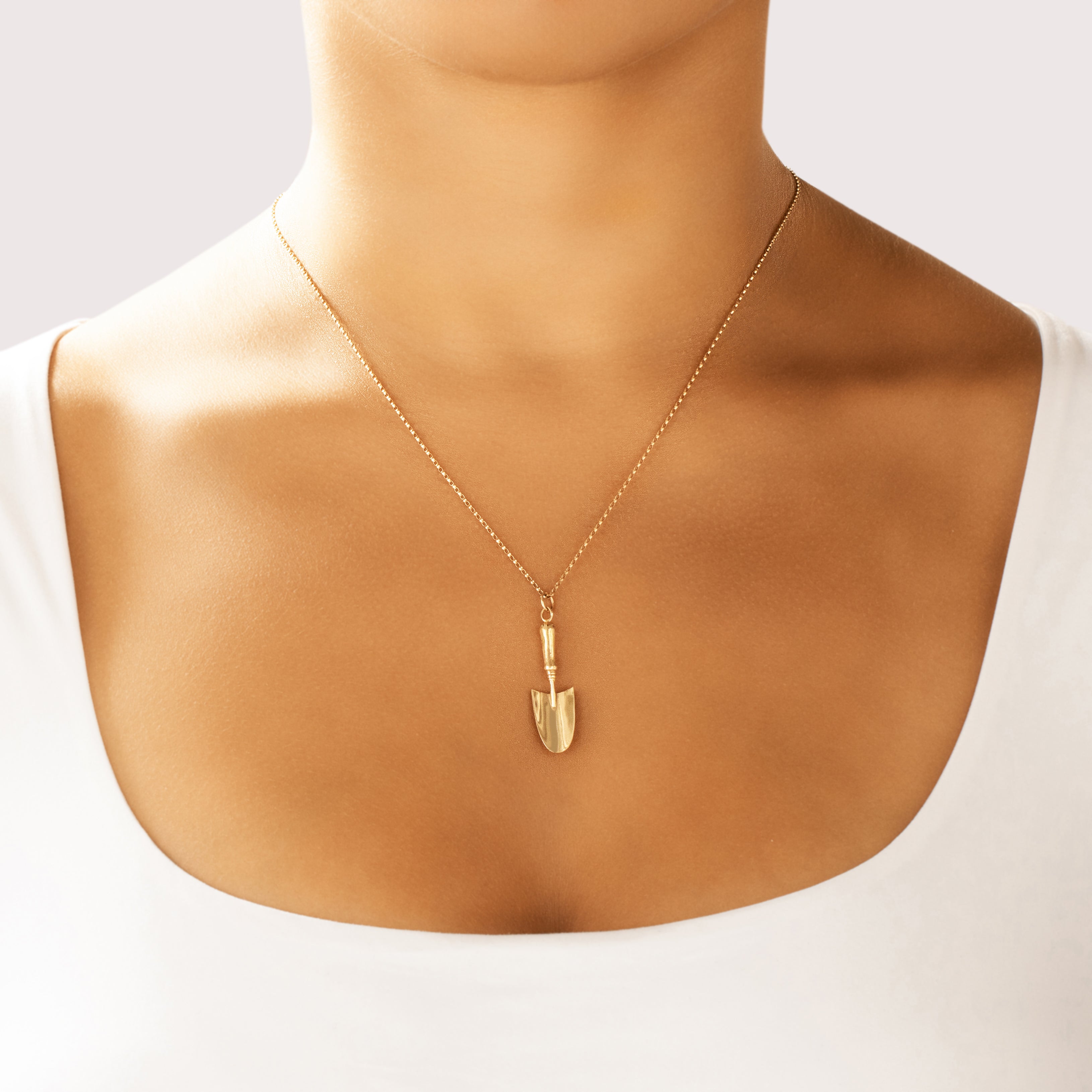 Vintage 14k Yellow Gold Playful Garden Trowel Charm / Pendant - On model view