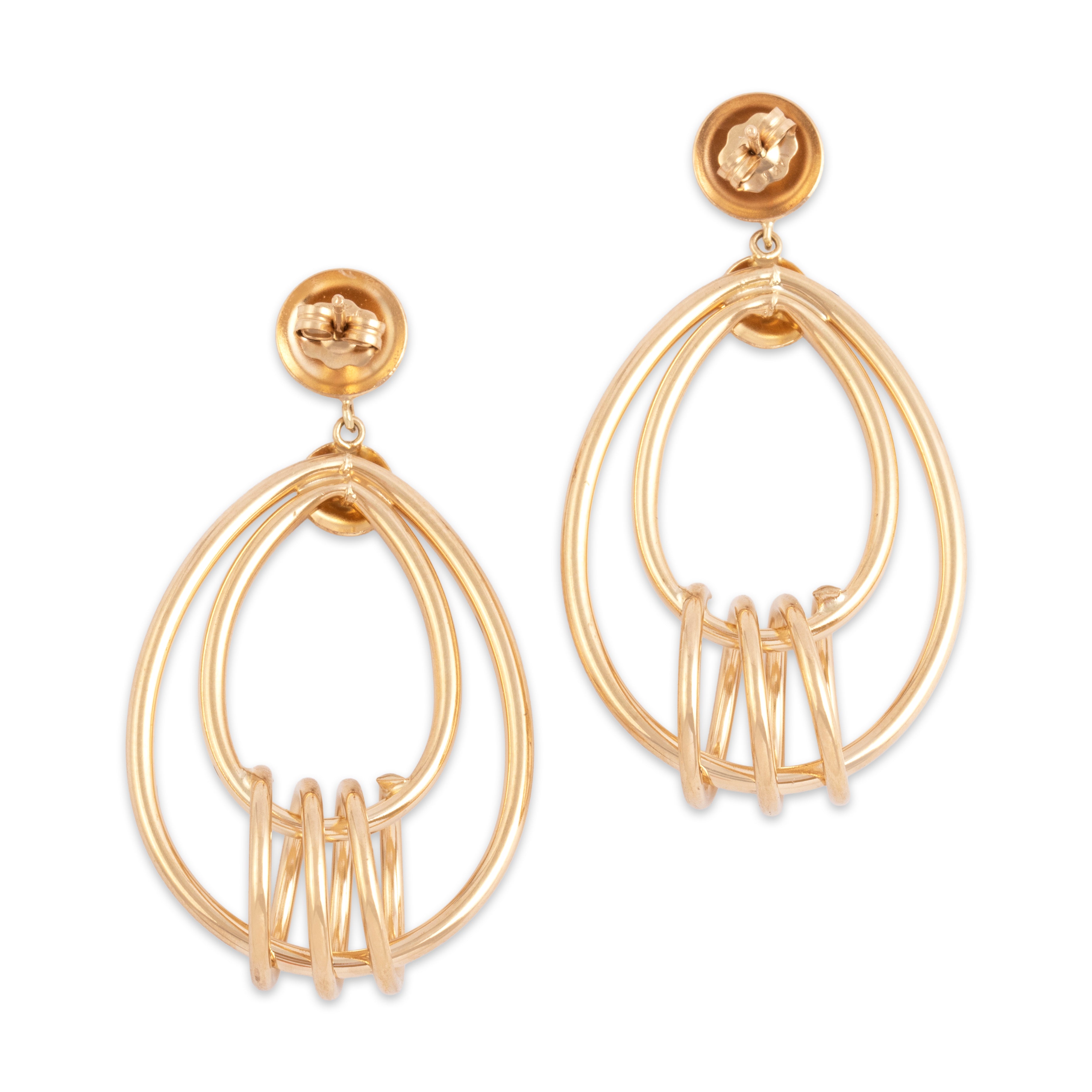Vintage Large 14k Yellow Gold Dimensional Oblong Spiral Dangle Earrings - Back view