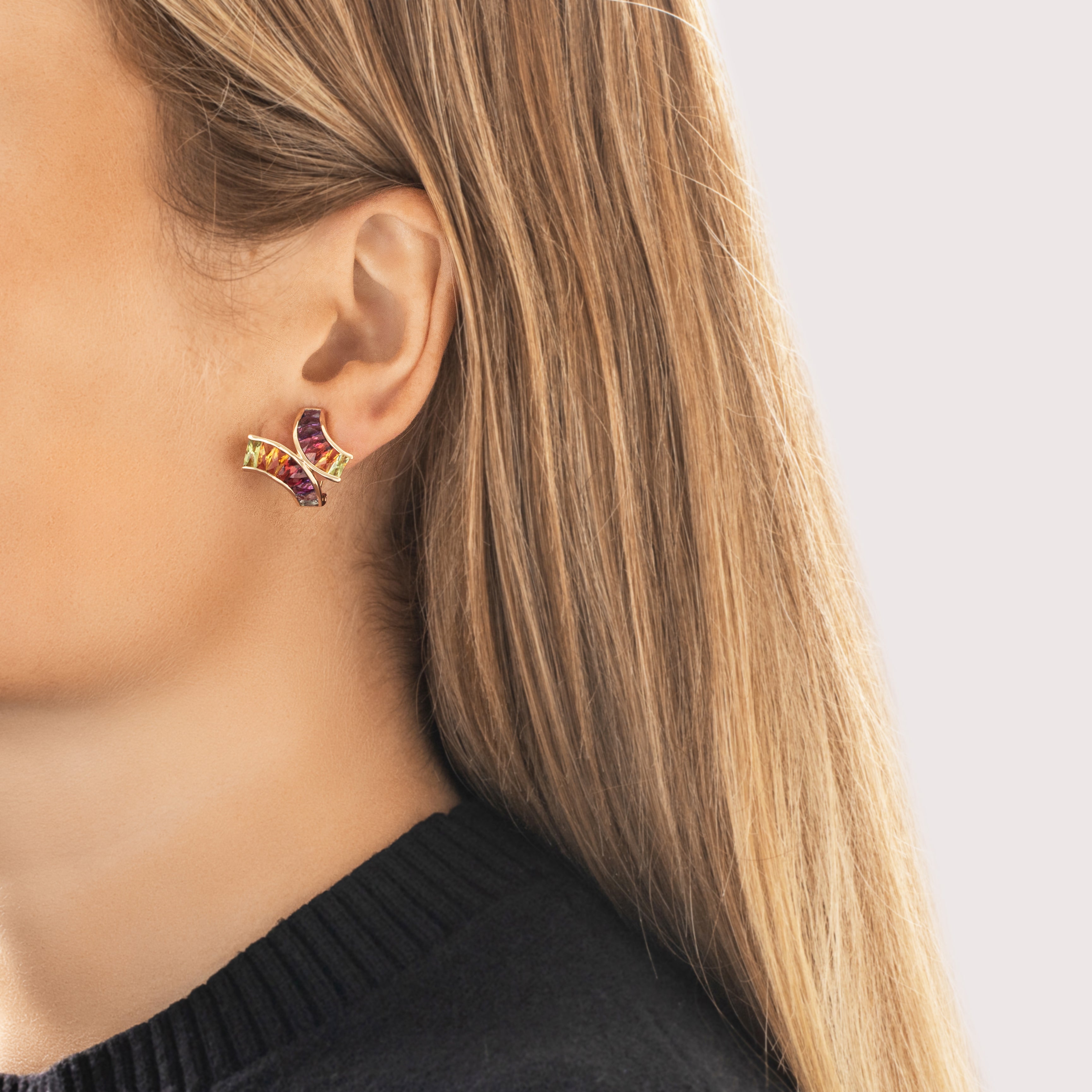 Vintage Large 14k Yellow Gold 2.72cttw Pink Red Garnet 1.31cttw Citrine 1.12cttw Peridot .99cttw Amethyst .8cttw Blue Topaz .78cttw Iolite Dynamic Rainbow X Omega-Back Earrings - On model view