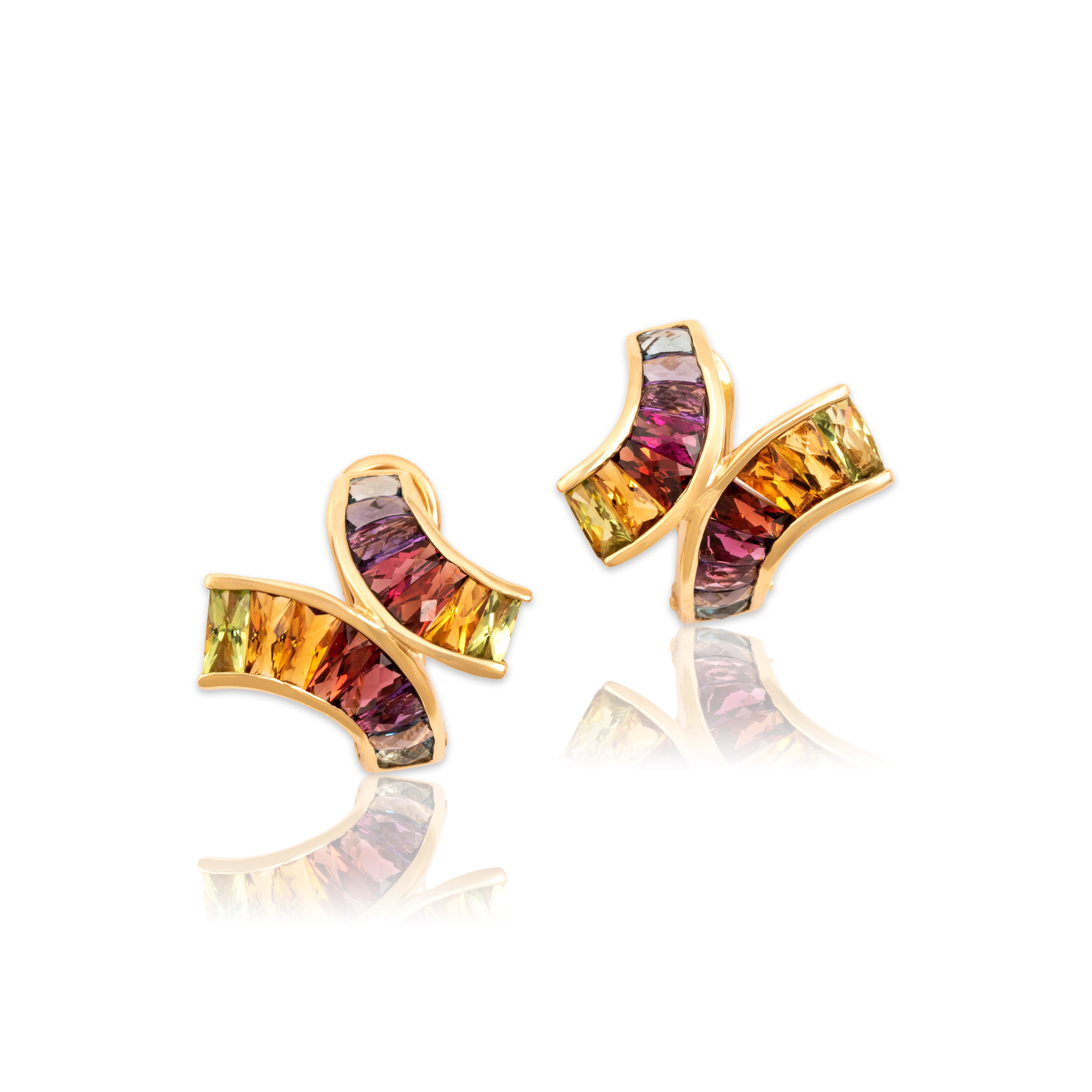 Vintage Large 14k Yellow Gold 2.72cttw Pink Red Garnet 1.31cttw Citrine 1.12cttw Peridot .99cttw Amethyst .8cttw Blue Topaz .78cttw Iolite Dynamic Rainbow X Omega-Back Earrings - Close-up view