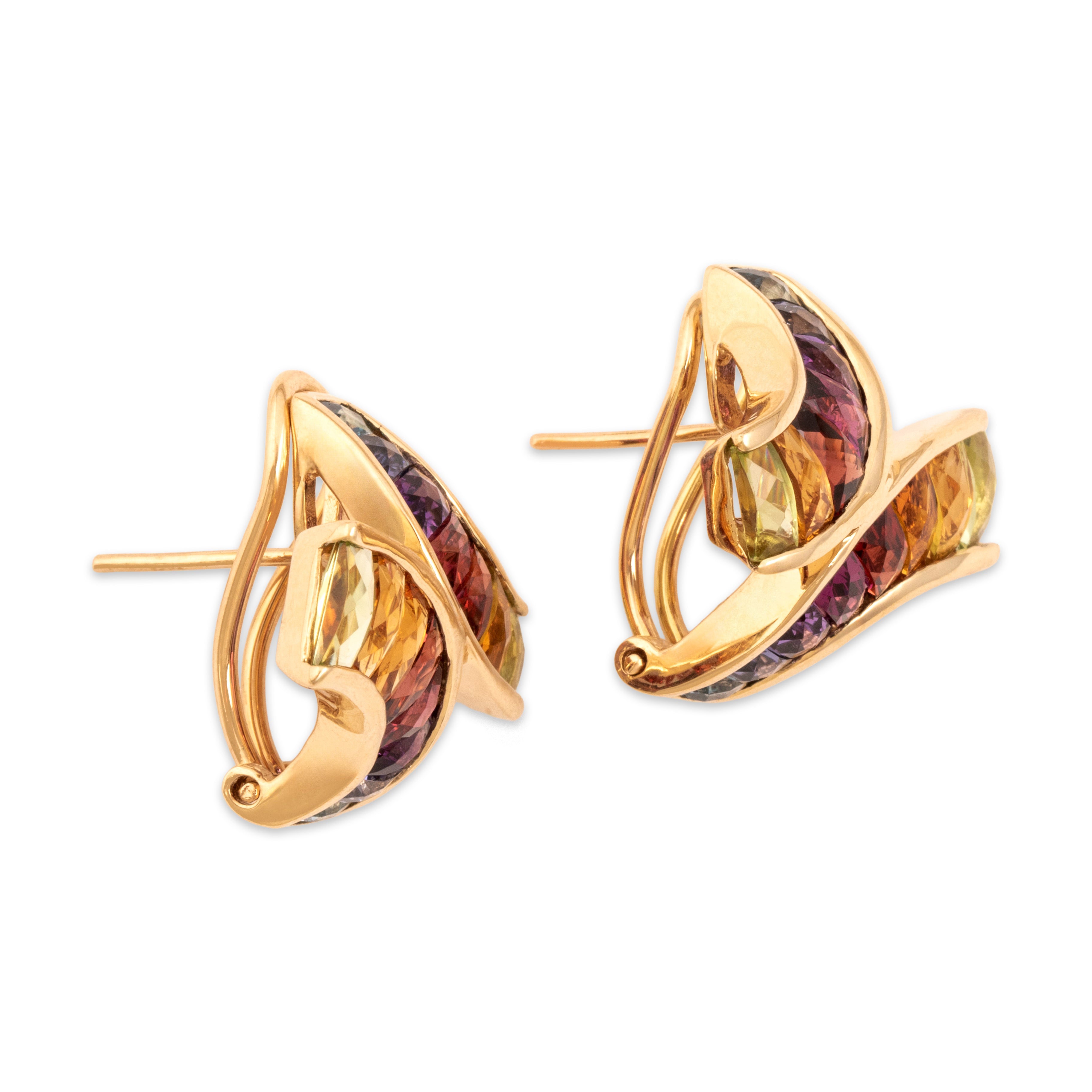 Vintage Large 14k Yellow Gold 2.72cttw Pink Red Garnet 1.31cttw Citrine 1.12cttw Peridot .99cttw Amethyst .8cttw Blue Topaz .78cttw Iolite Dynamic Rainbow X Omega-Back Earrings - Side view