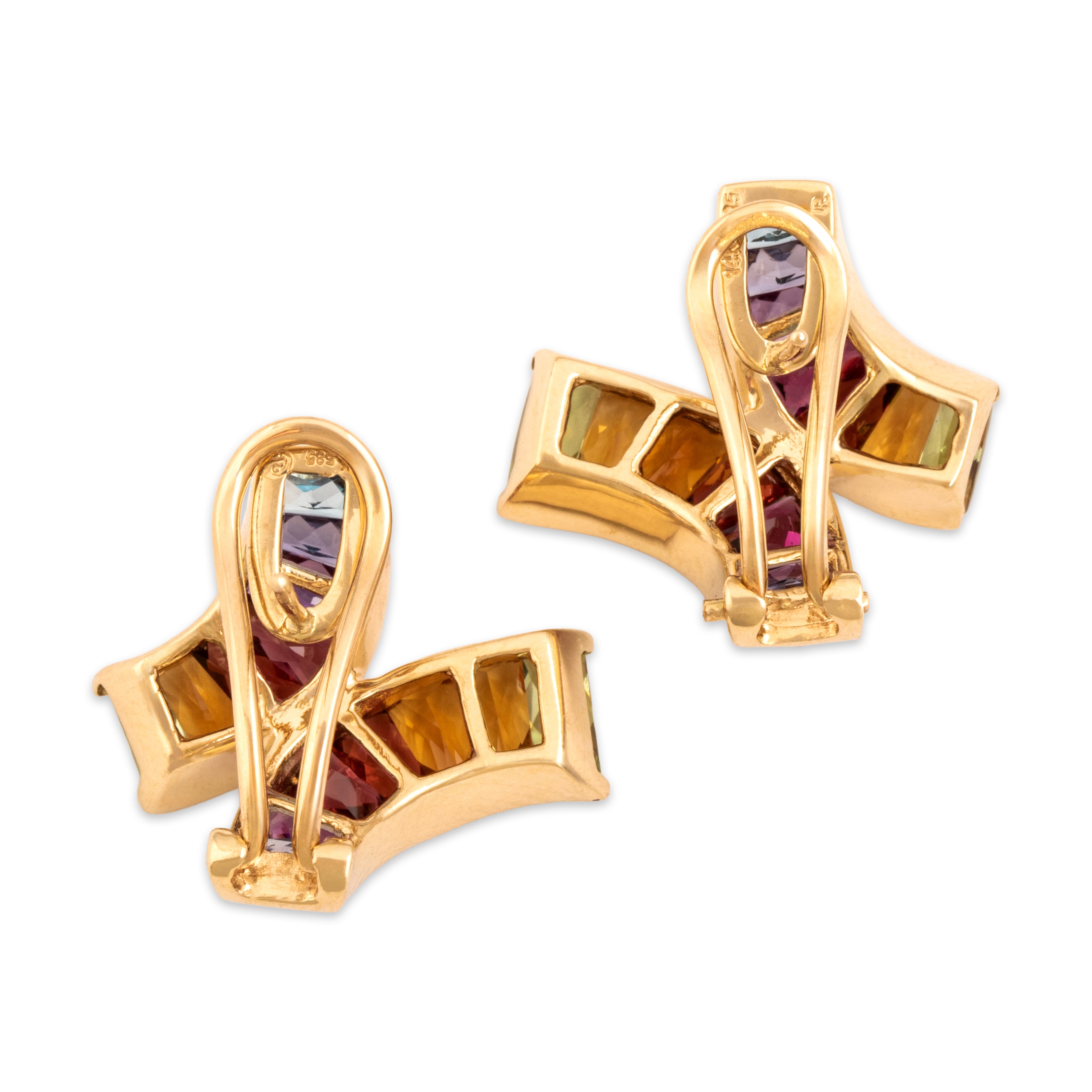 Vintage Large 14k Yellow Gold 2.72cttw Pink Red Garnet 1.31cttw Citrine 1.12cttw Peridot .99cttw Amethyst .8cttw Blue Topaz .78cttw Iolite Dynamic Rainbow X Omega-Back Earrings - Back view