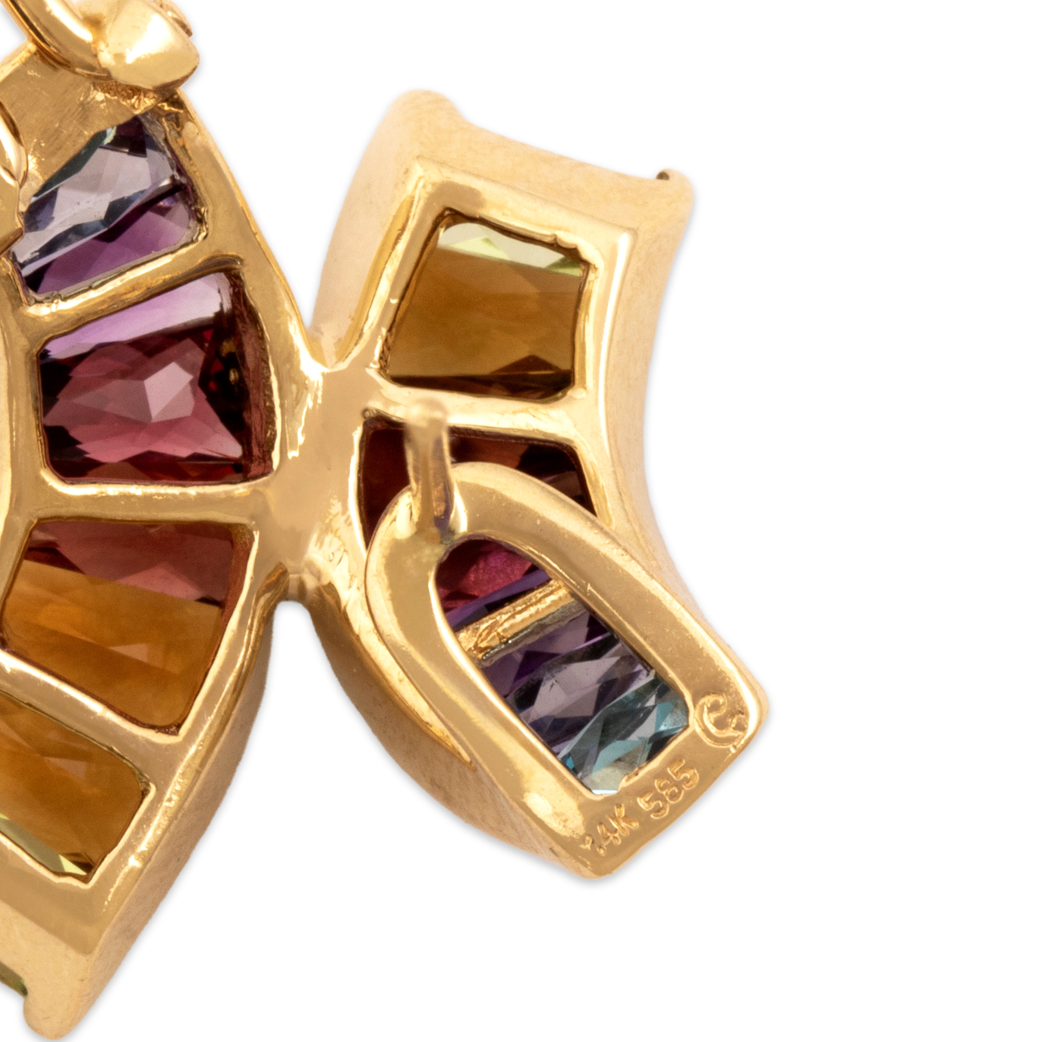 Vintage Large 14k Yellow Gold 2.72cttw Pink Red Garnet 1.31cttw Citrine 1.12cttw Peridot .99cttw Amethyst .8cttw Blue Topaz .78cttw Iolite Dynamic Rainbow X Omega-Back Earrings - Hallmark view
