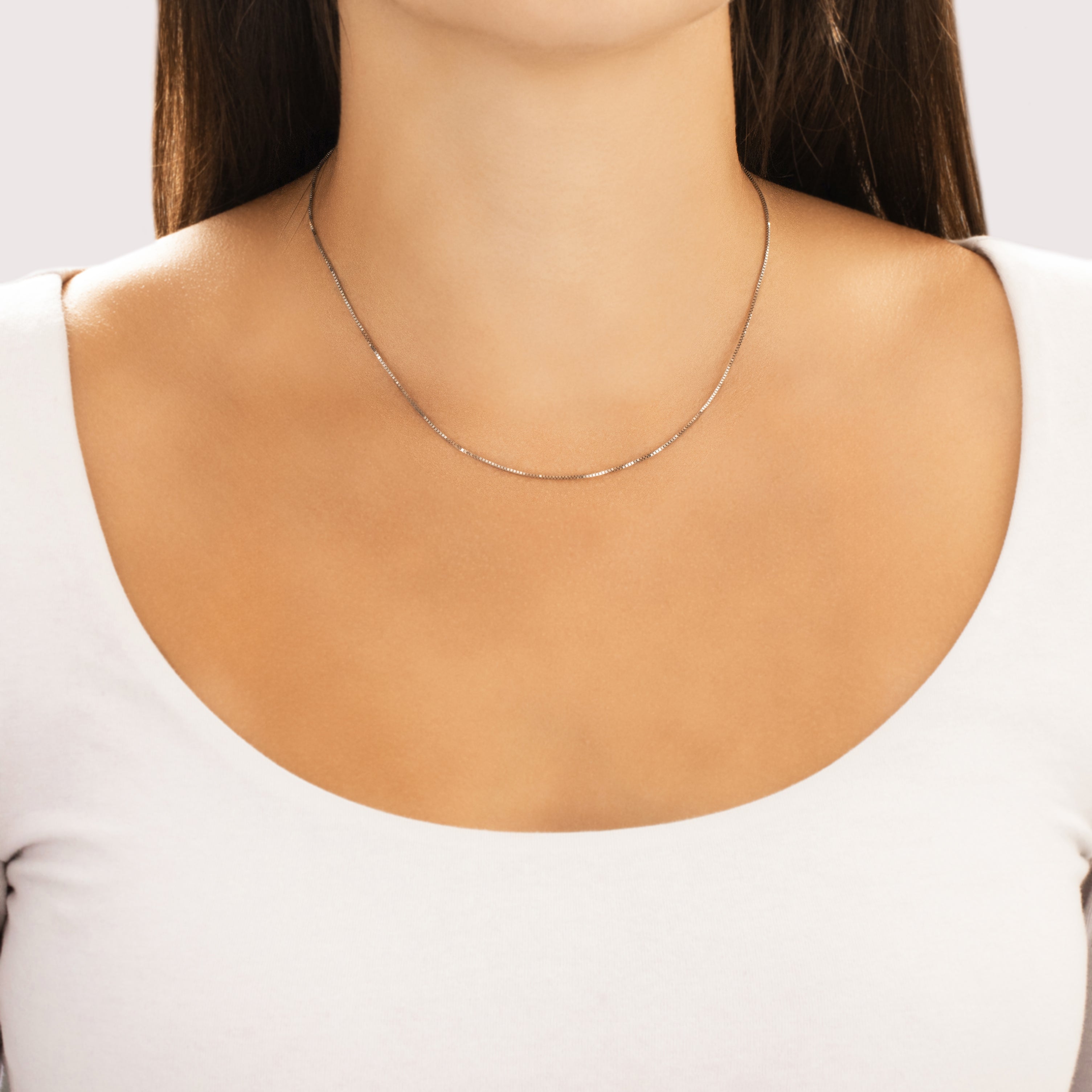 Vintage Italian 14k White Gold 1mm Sparkling Box Chain - On model view