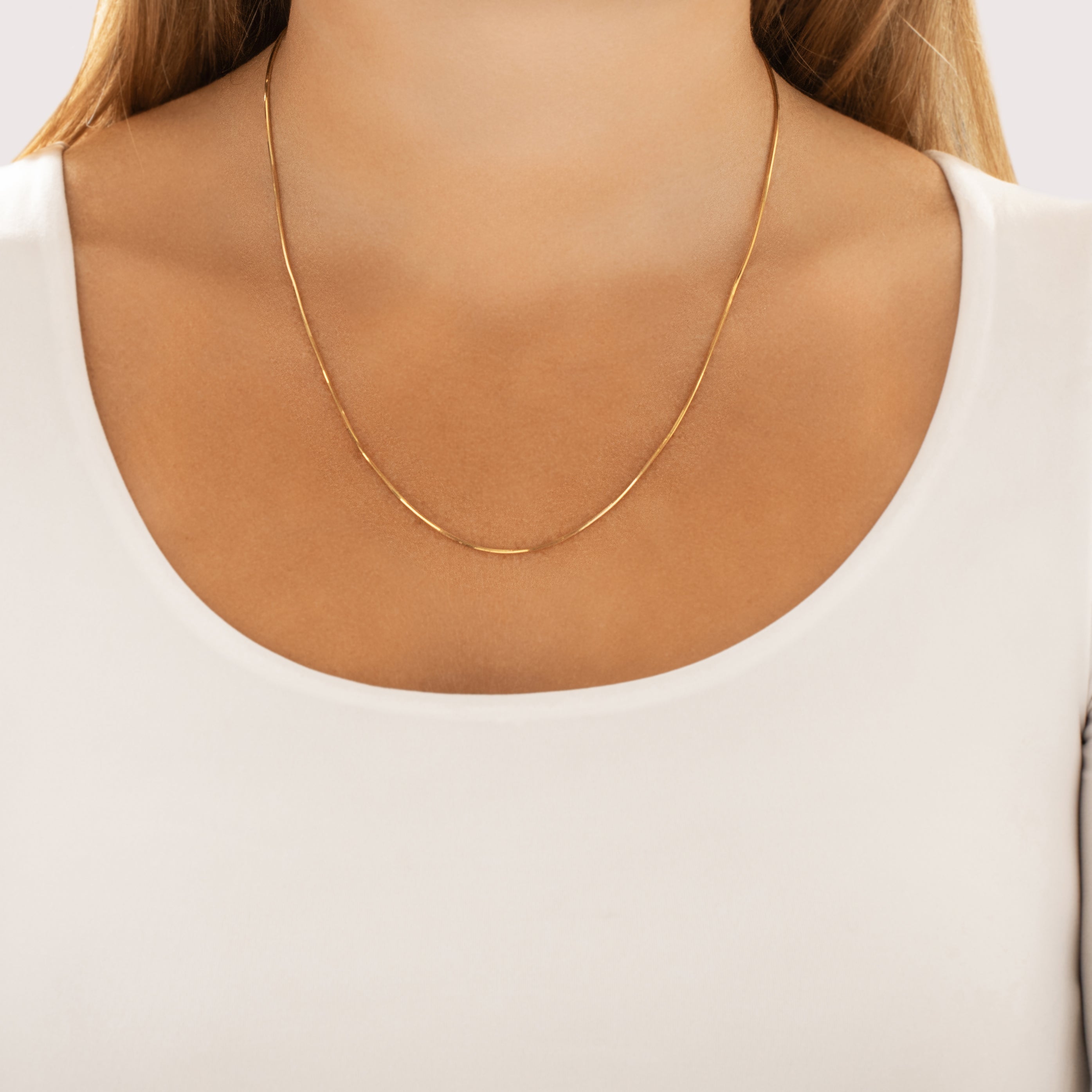 Vintage Italian 14k Yellow Gold 1.1mm Stunning Sleek Snake Chain - On model view