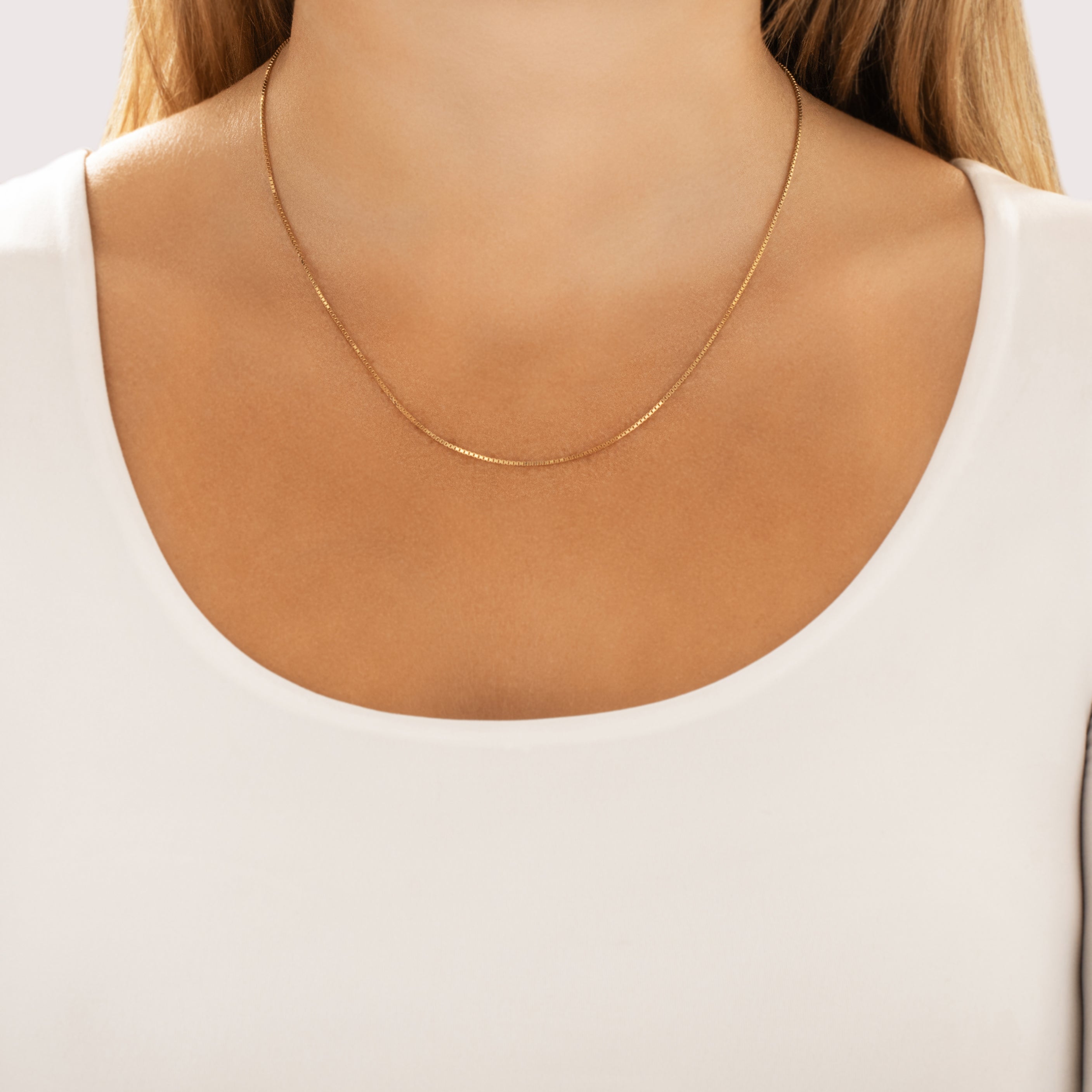 Vintage 14k Yellow Gold 1mm Classic Box Chain - On model view