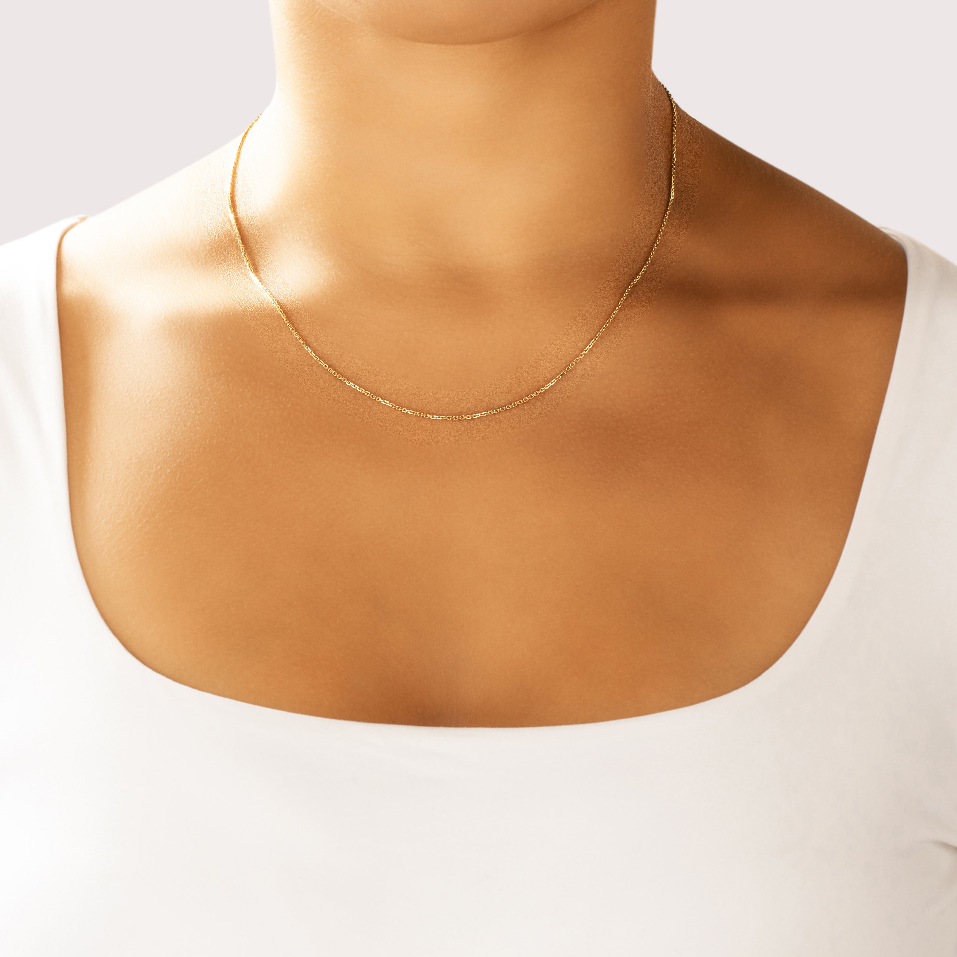 Vintage Italian 14k Yellow Gold 1.2mm Glittering Cable Chain - On model view