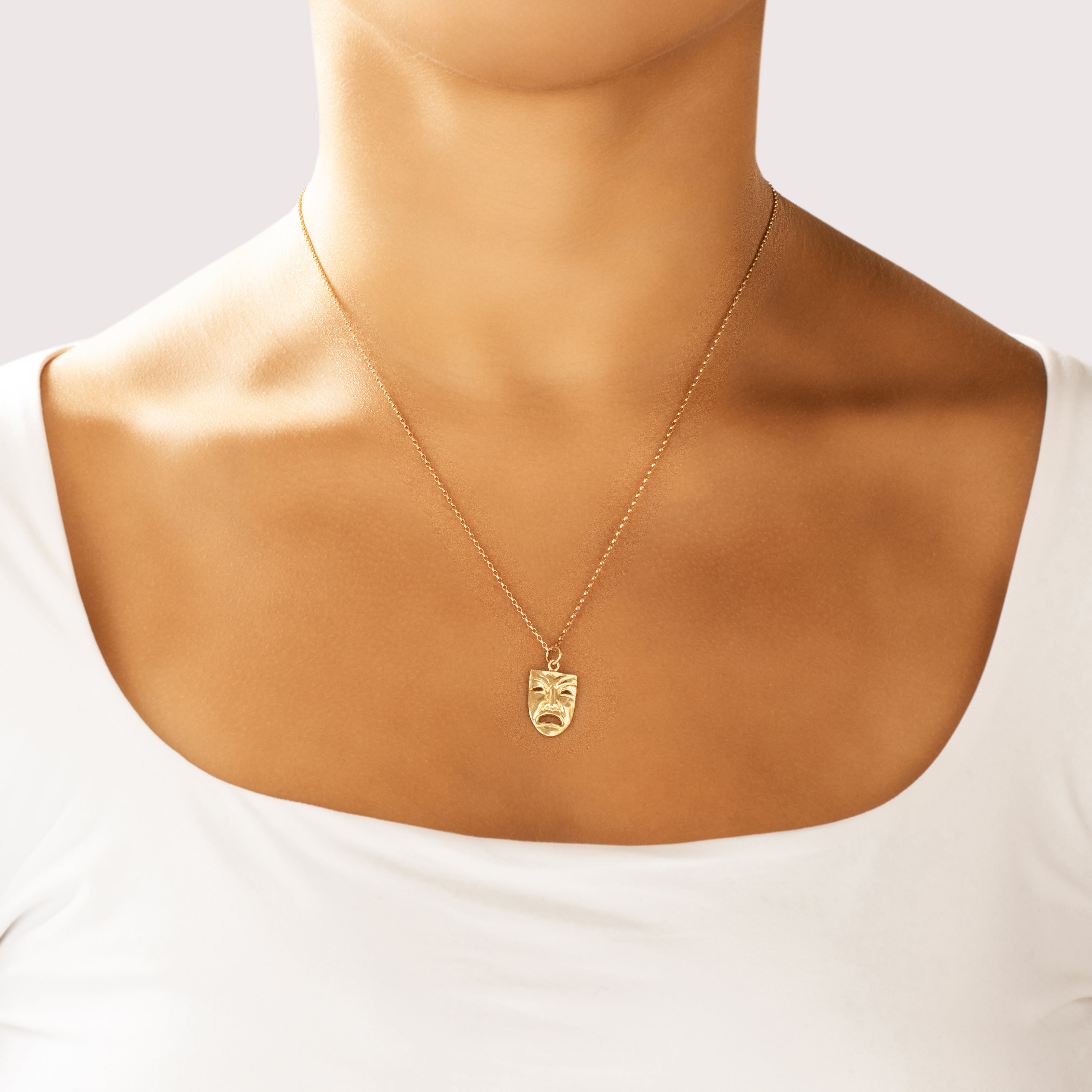 Vintage 14k Yellow Gold Tragedy Drama Mask Charm / Pendant - On model view