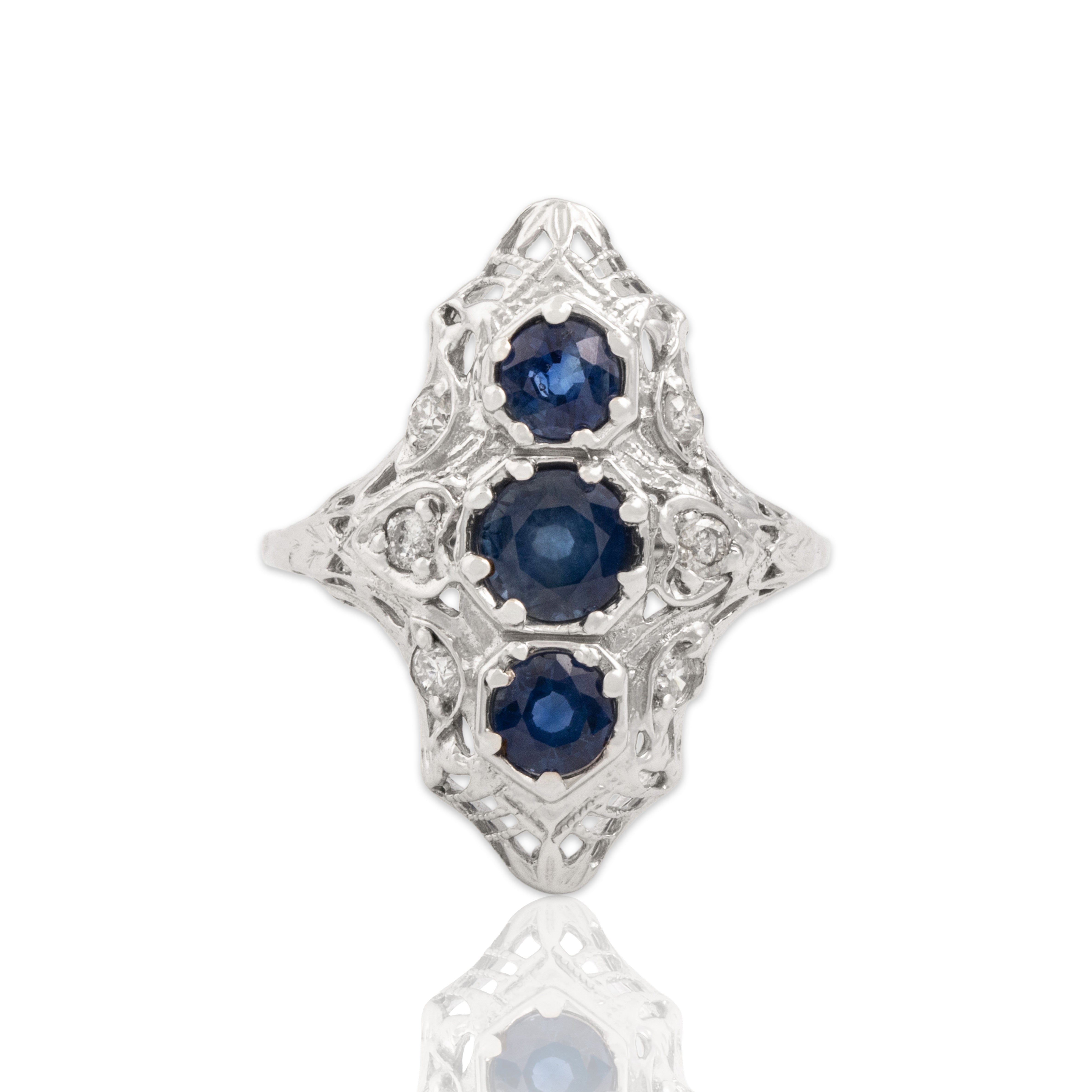 Vintage 14k White Gold 1.23cttw Blue Sapphire Diamond Elongated Openwork Shield Ring - Close-up view