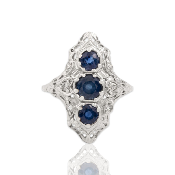 Vintage 14k White Gold 1.23cttw Blue Sapphire Diamond Openwork Shield Ring 7.25