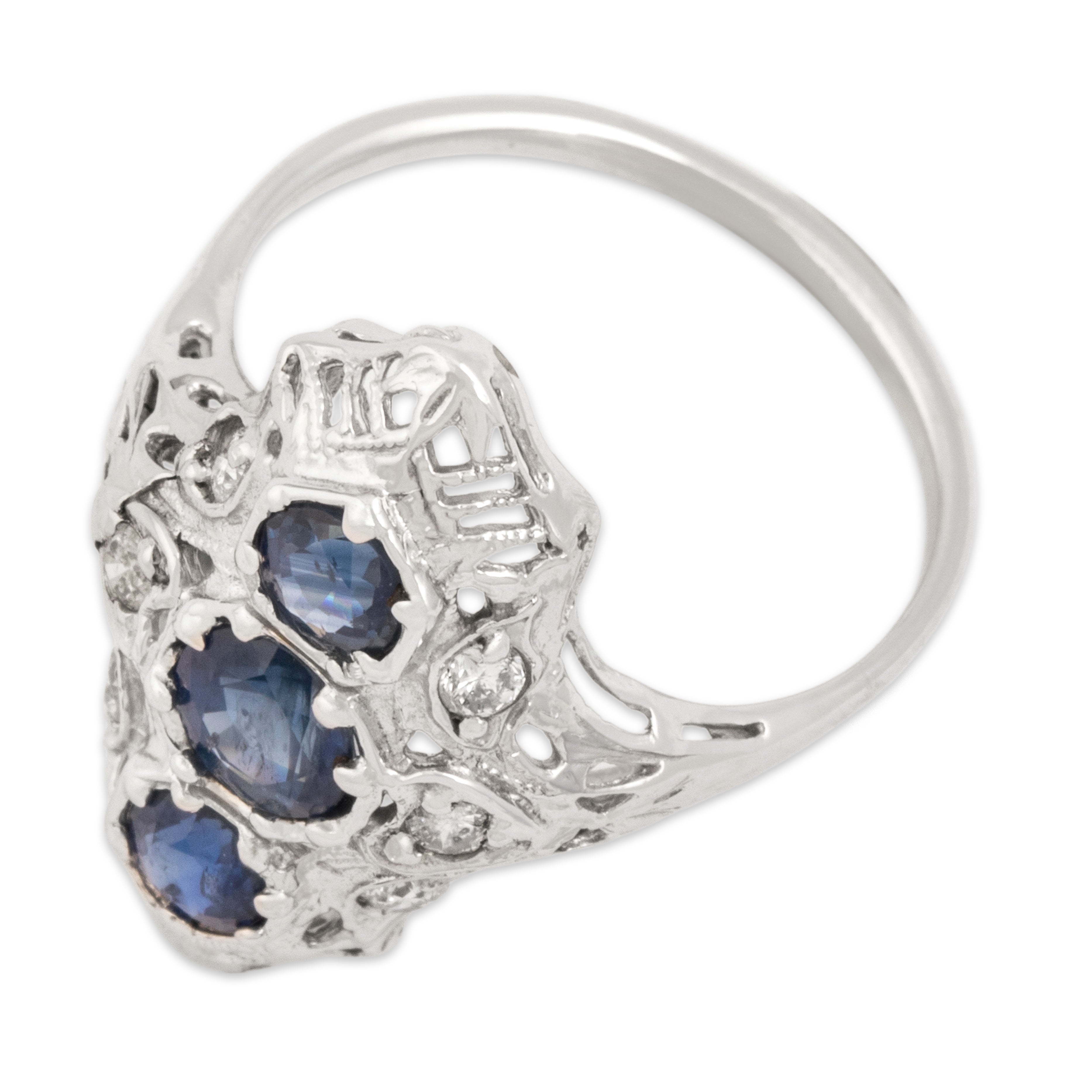 Vintage 14k White Gold 1.23cttw Blue Sapphire Diamond Elongated Openwork Shield Ring - Overall view