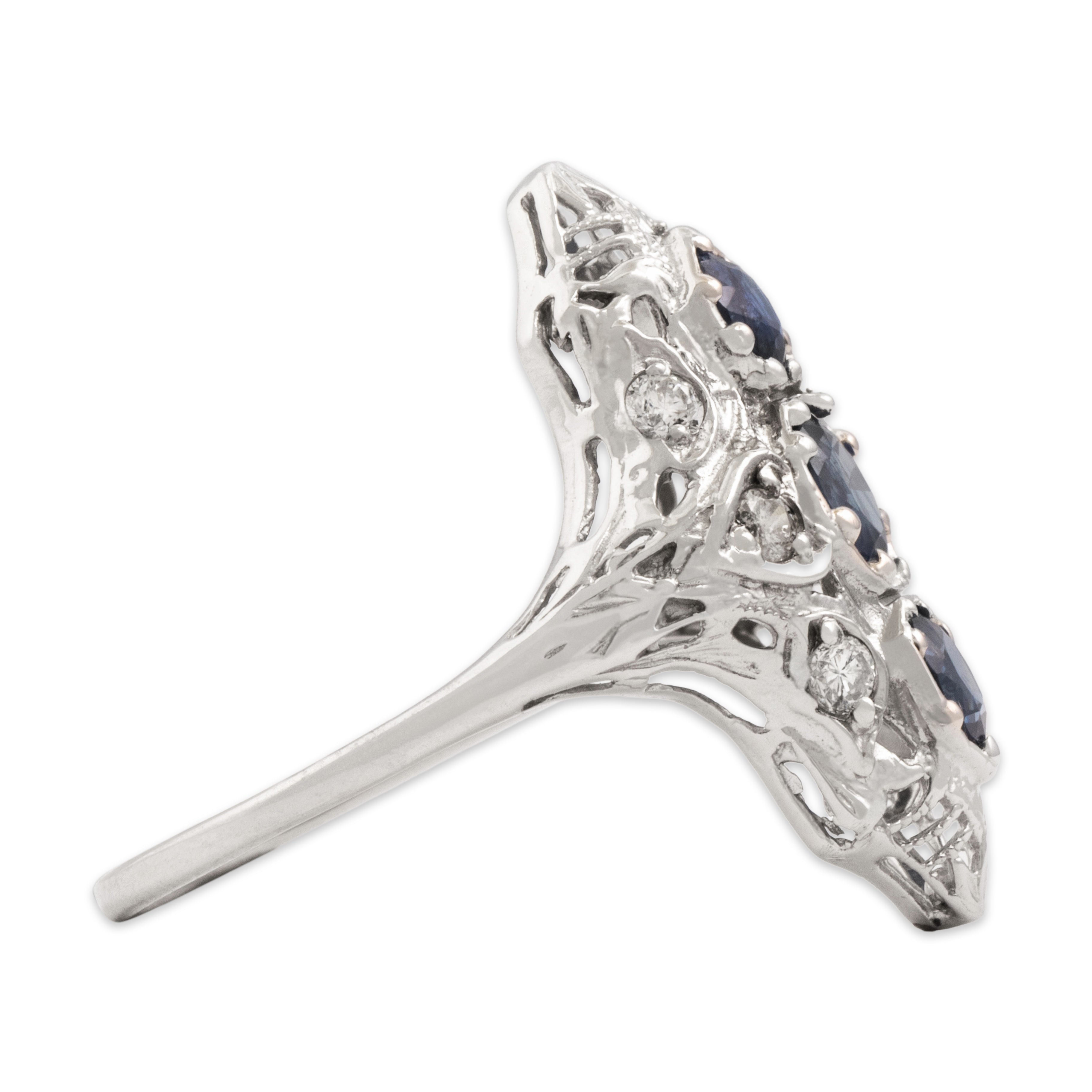 Vintage 14k White Gold 1.23cttw Blue Sapphire Diamond Elongated Openwork Shield Ring - Side view