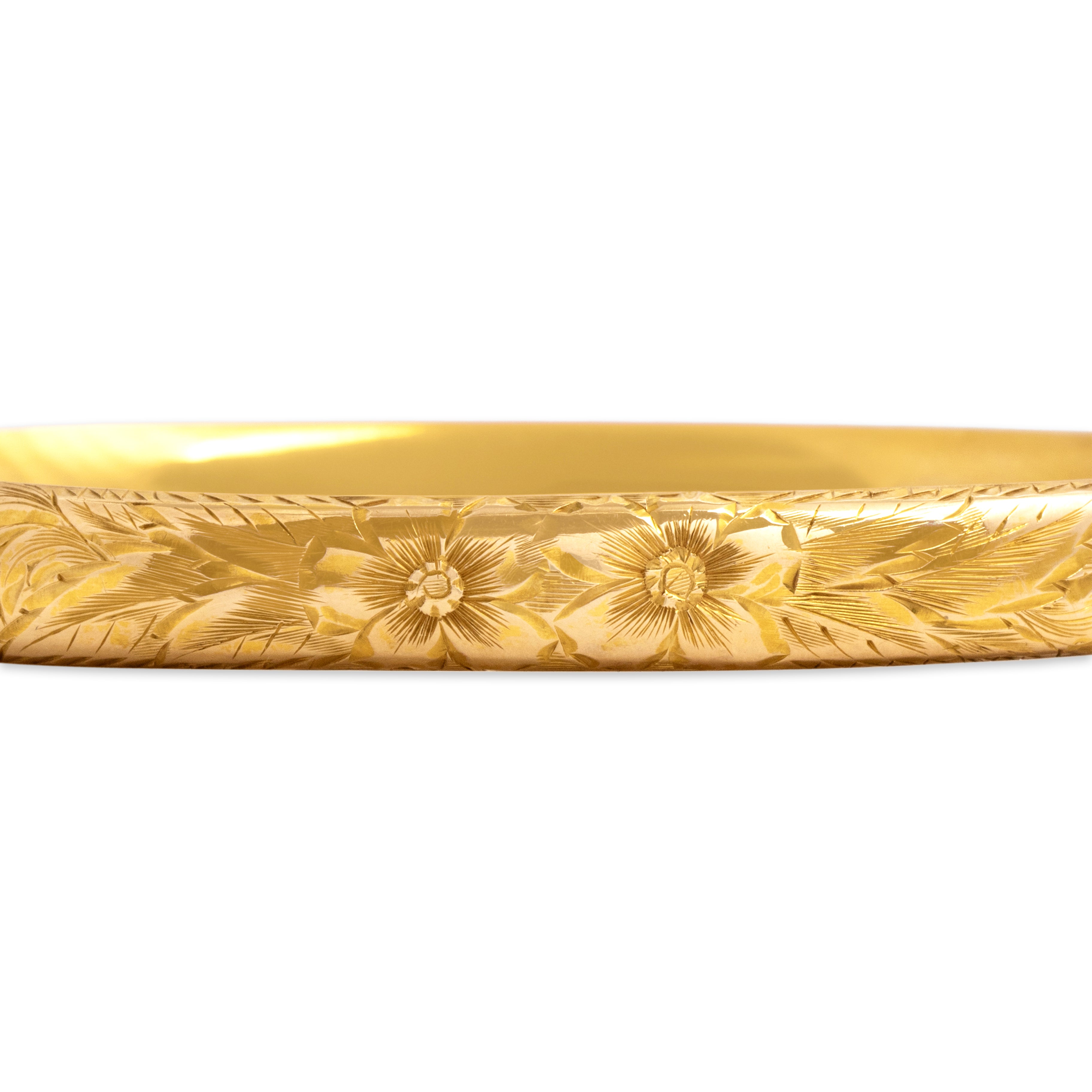 Antique 14k Yellow Gold Superb Floral Hand-Engraved Bangle Bracelet - detail view #2