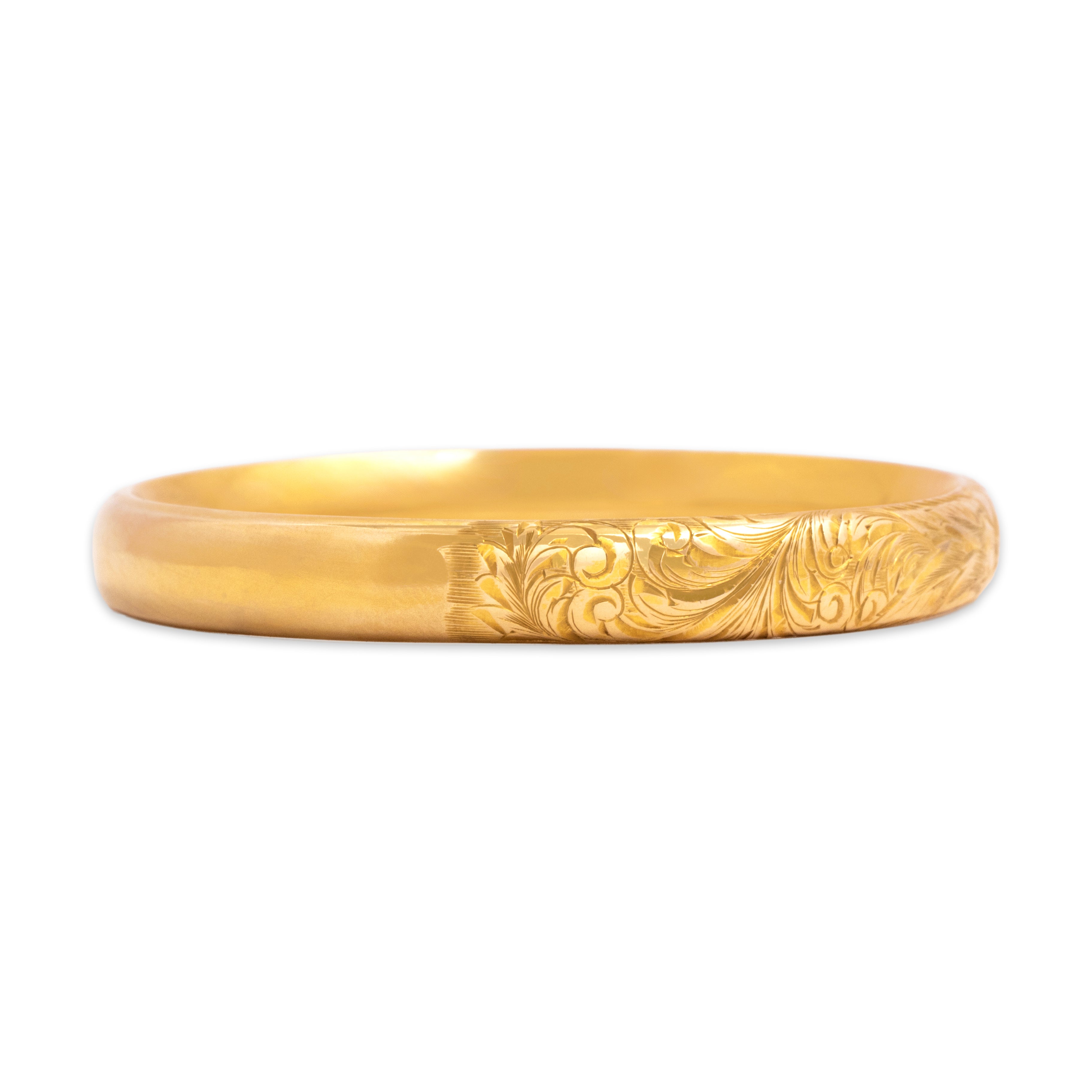 Antique 14k Yellow Gold Superb Floral Hand-Engraved Bangle Bracelet - Side view