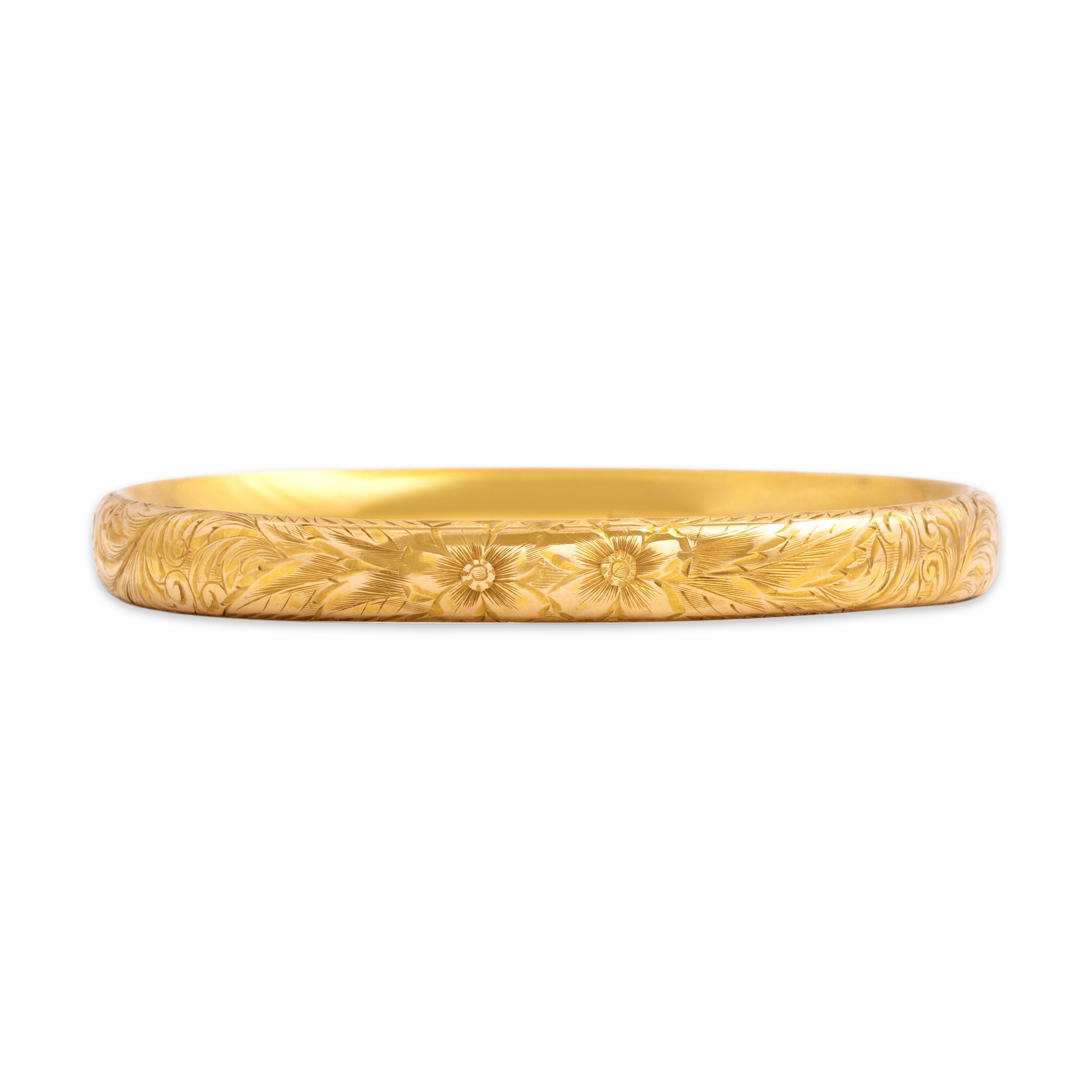 Antique 14k Yellow Gold Superb Floral Hand-Engraved Bangle Bracelet - Close-up view