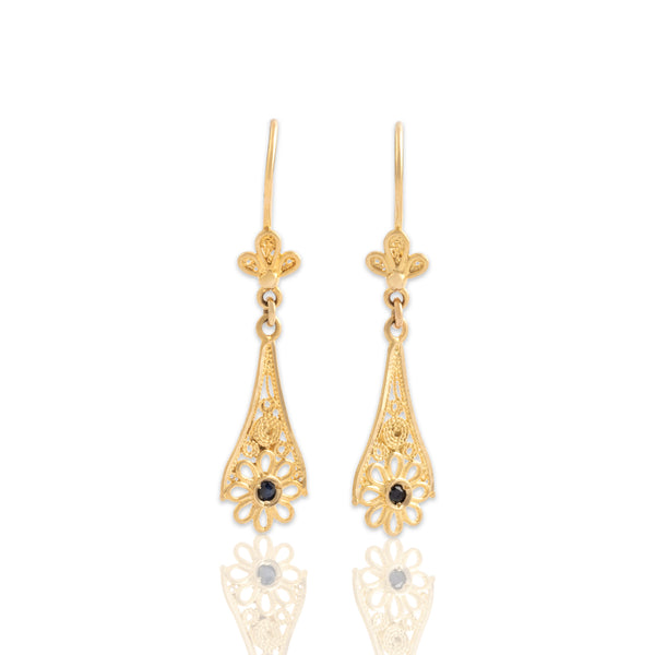 Vintage 18k Yellow Gold Blue Sapphire Ornate Floral Drop Dangle Earrings