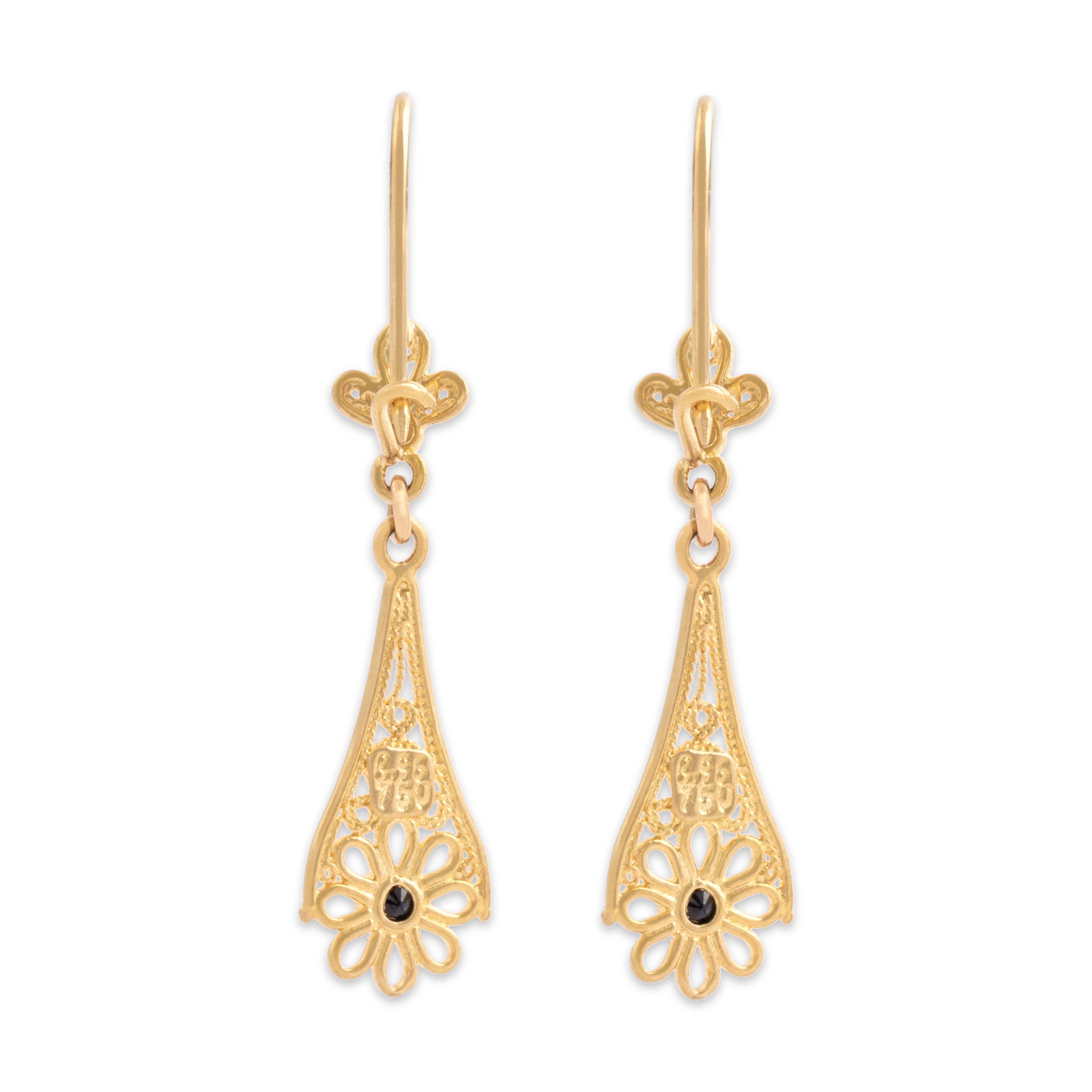 Vintage 18k Yellow Gold Blue Sapphire Ornate Floral Drop Dangle Earrings - Back view